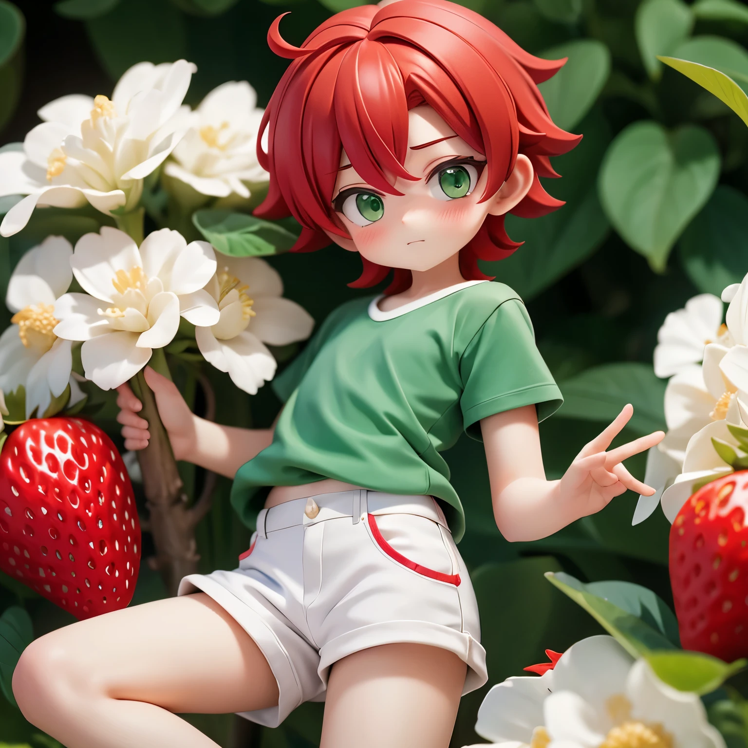 best quality, Ultra-high resolution, 1 boy, Red hair, Green Eyes, short and small, Wearing a white shirt and shorts, ((Shy expression)), Strawberry farm