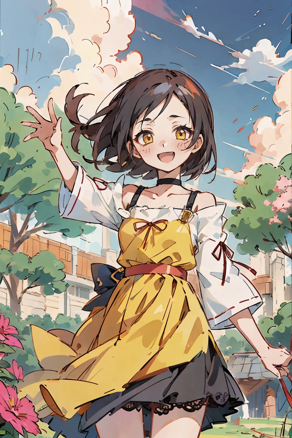 Hui Xiyi, Rekkyo Sensen, 1 girl, reddish Black hair, Yellow eyes, showa town, Ruins, Bang, Beautiful sky, shining sky, Sunshine, Smiling, Waving, Belts, ribbon choker, Dresses that blow the wind, black Lace dress, wool sweaters, Off-shoulder sleeves