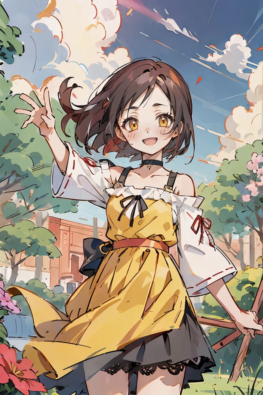 Hui Xiyi, Rekkyo Sensen, 1 girl, reddish Black hair, Yellow eyes, showa town, Ruins, Bang, Beautiful sky, shining sky, Sunshine, Smiling, Waving, Belts, ribbon choker, Dresses that blow the wind, black Lace dress, wool sweaters, Off-shoulder sleeves