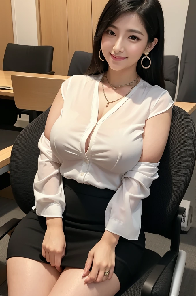 (nsfw),masterpiece,beautiful face,japanese woman,ultra detailed,(blouse,black pencil skirt,necklace,earring,tanga:1.3),(knees up on chair,spreading legs widely:1.2),(,at office,conference room),,(mature sensual female,seductive,black hair:1.2),35 years old,(tareme:1.2),(curvy body:1.3),,sweaty,beautiful,naughty smile,bending forward,round small nose,look at viewer,showing undies,(crotch focus),