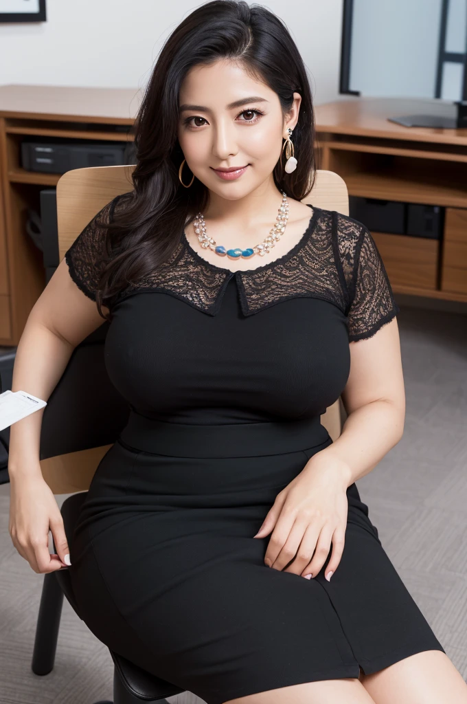 (nsfw),masterpiece,beautiful face,japanese woman,ultra detailed,(blouse,black pencil skirt,necklace,earring,tanga:1.3),(knees up on chair,spreading legs widely:1.2),(,at office,conference room),,(mature sensual female,seductive,black hair:1.2),35 years old,(tareme:1.2),(curvy body:1.3),,sweaty,beautiful,naughty smile,bending forward,round small nose,look at viewer,showing undies,(crotch focus),