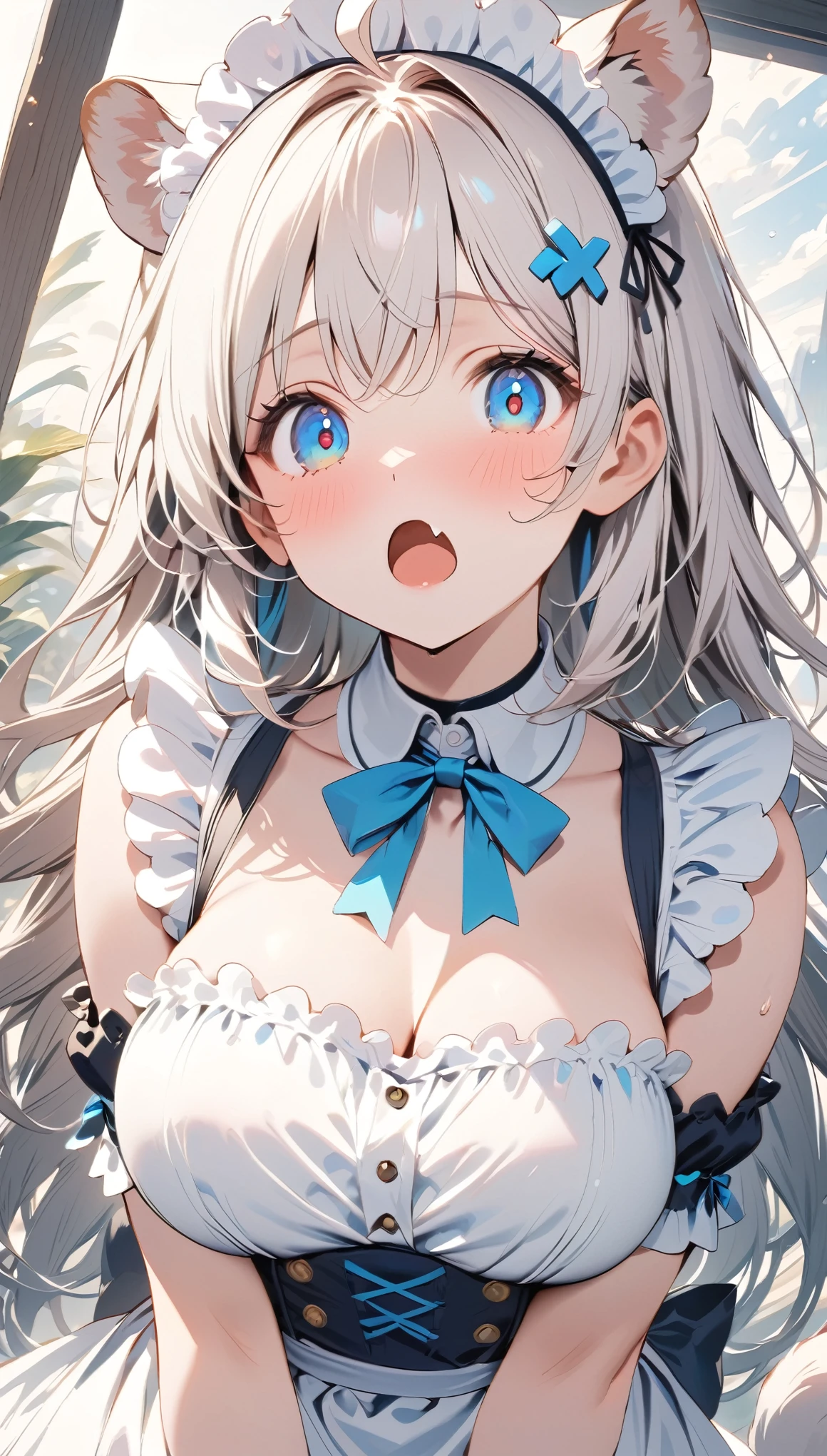 {{{masterpiece}}}, {{{best quality}}}, {{ultra-detailed}}, {beautiful, detailed eyes}, 1girl, solo, ((white hair)), very long hair, blue eyes, (straight hair), (bangs), animal ears, (stoat ears:1.2), Choker, ahoge, fang, (big stoat Tail:1.2), (blue X hairpin), (cute maid outfit), shocked, aesthetic,Eyes
