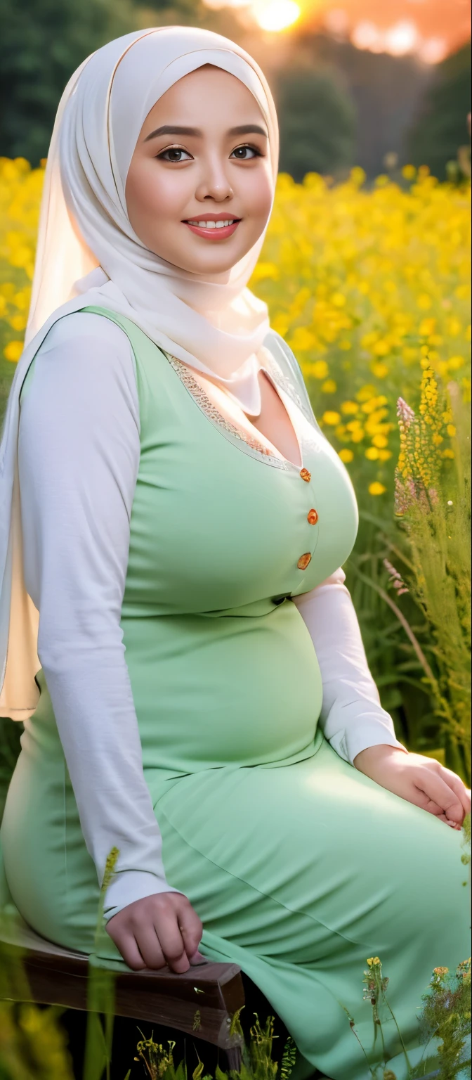 ( Close Up),RAW, Best quality, high resolution, works: 1.3), Beautiful Malay woman in hijab, Masterpiece, fit body, big breasts, beautiful big eyes, Soft smile, beautiful face, woman sitting at a table in a green meadow, traditional beauty, moment sunset, in the field, in the countryside, beautiful woman, with the sunset, wearing a soft long dress,muslim, on a wooden table, hijab, beautiful woman, with a beautiful appearance, a very beautiful masterpiece, a masterpiece of art, good lighting, Bright colors, Clean lines, chubby body, wide chubby hips, chubby arm, chubby massive thighs , massive cleavage , massive armpits , white armpits , armpit hair , extra cleavage, full body