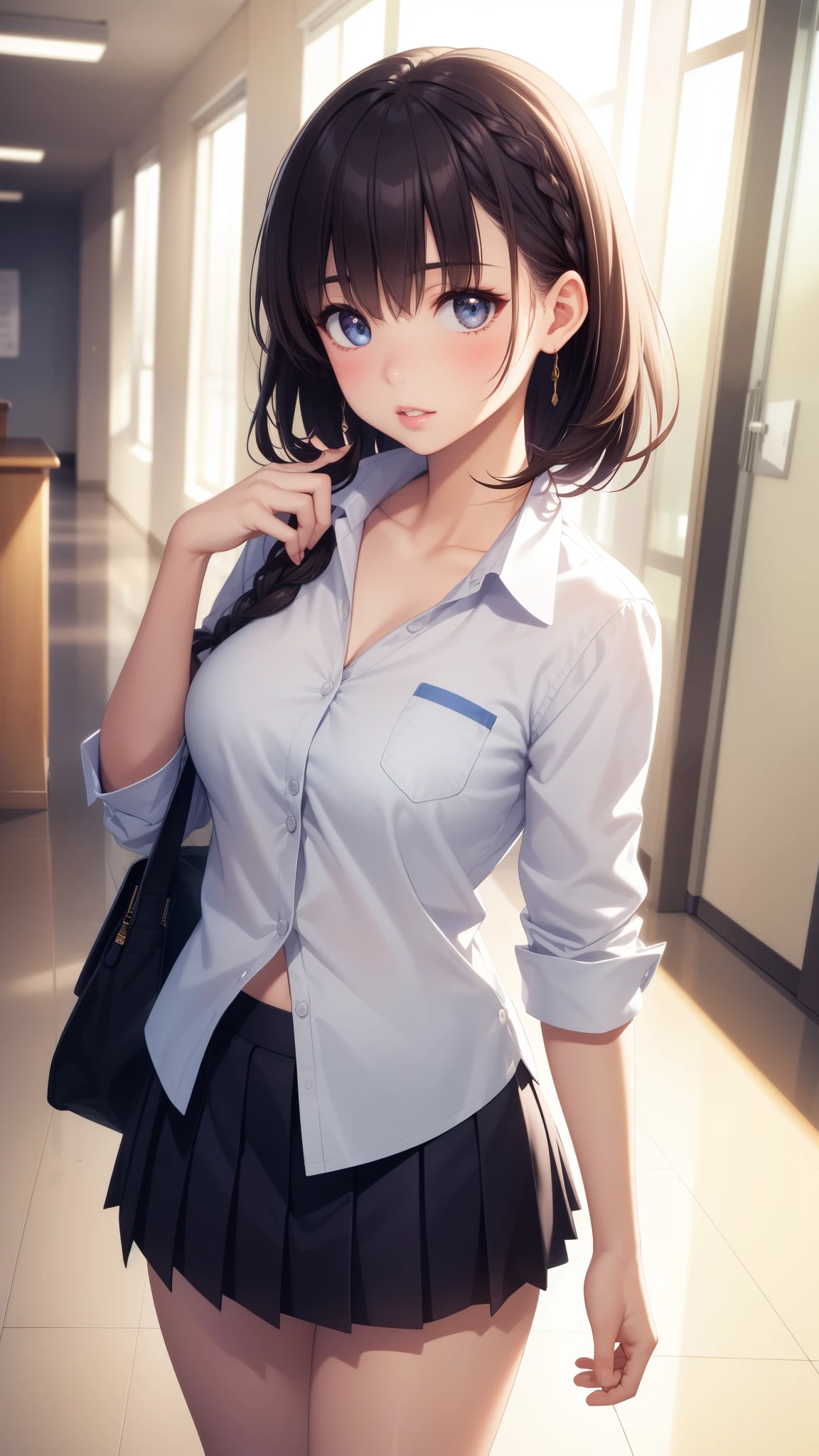 1girl, natural lighting, masterpiece, highly detailed, illustration, game CG, absurdres, high quality, aichan, medium breasts, beautiful detailed eyes, braided hair, bangs, glossy lips, lips parted, collarbone, school, hallway, button-up school shirt, pleated miniskirt