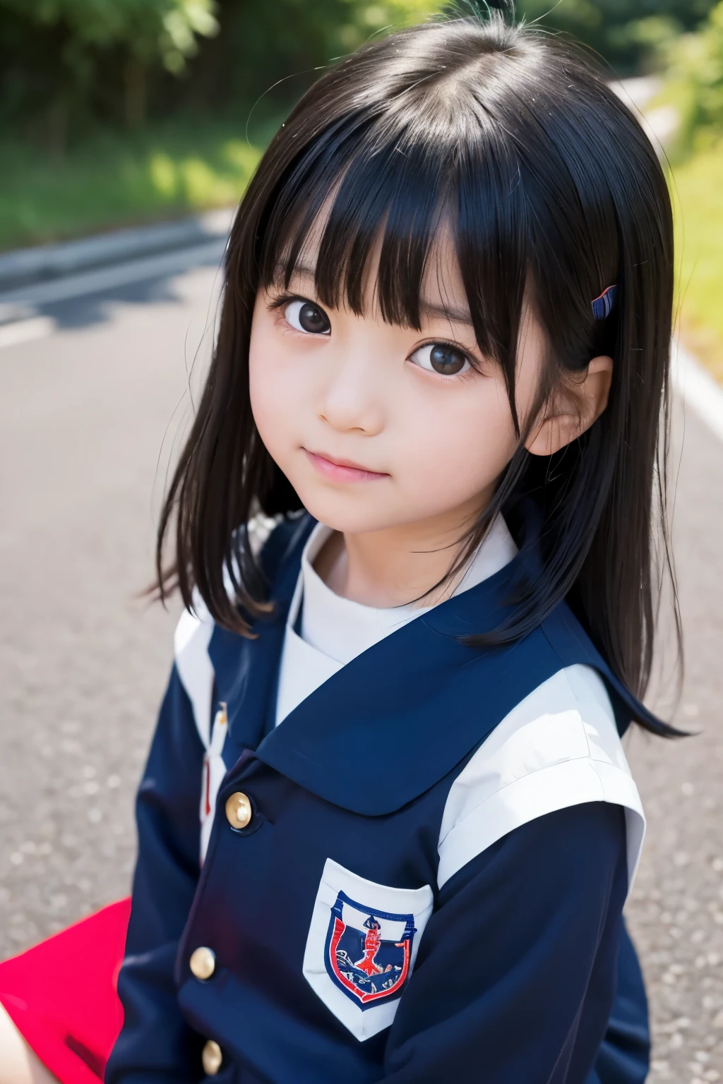 Photo of a 6--old anese girl in 。The girl has straight black hair、With bangs、eyes are big and black。She wears a blue sailor suit、Features a white collar and red trim。The background is a roadside in nature、The girl is sitting、She has a sweet look towards the camera。