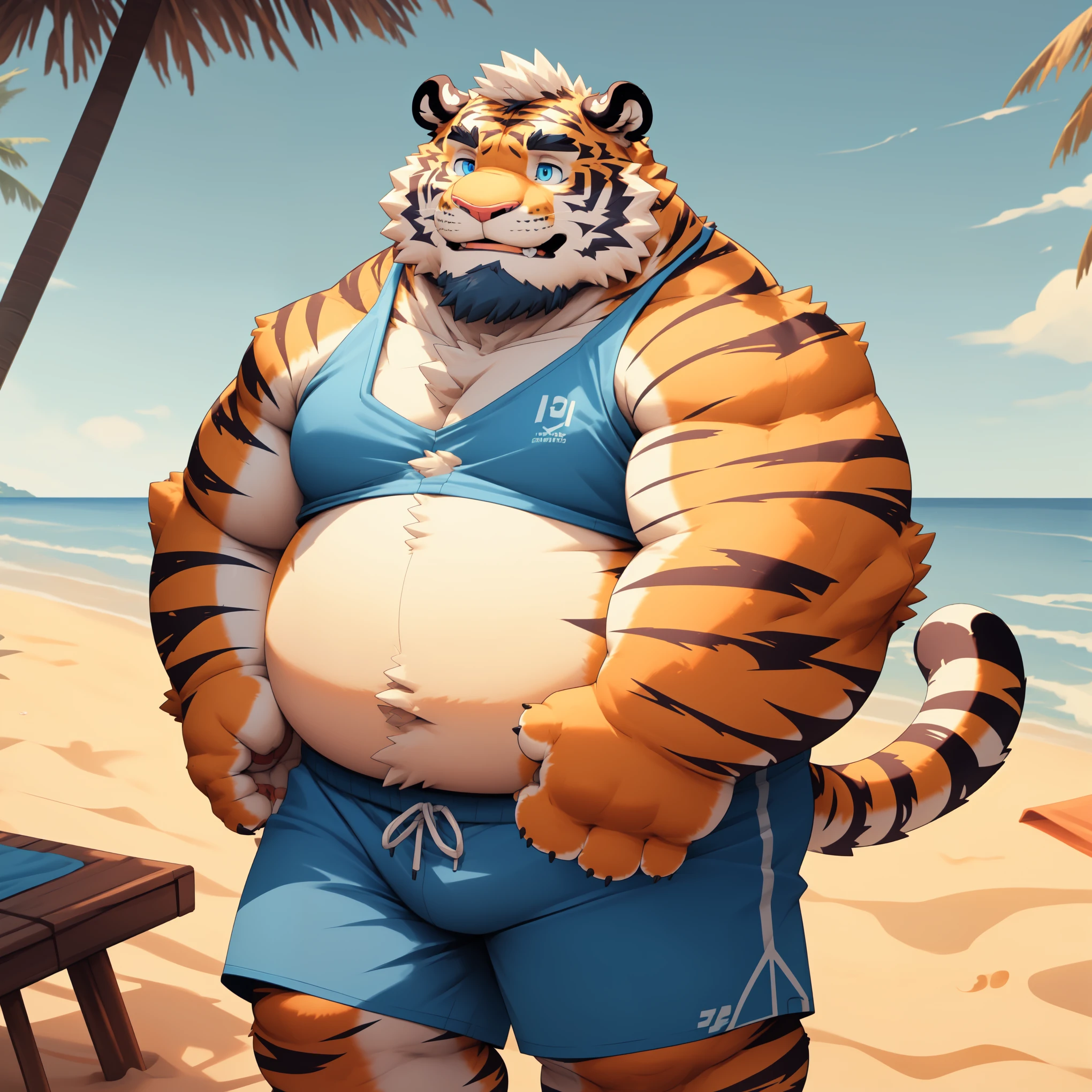 New Jersey 5 Furry,Tiger,Solitary,Chubby,Fat,Thick arms,Rugged muscles,shorts,orange Plush fur,Chubby Face,Black eyebrows,Sky blue eyes,Beard,  (Bikini),Beach，Relax