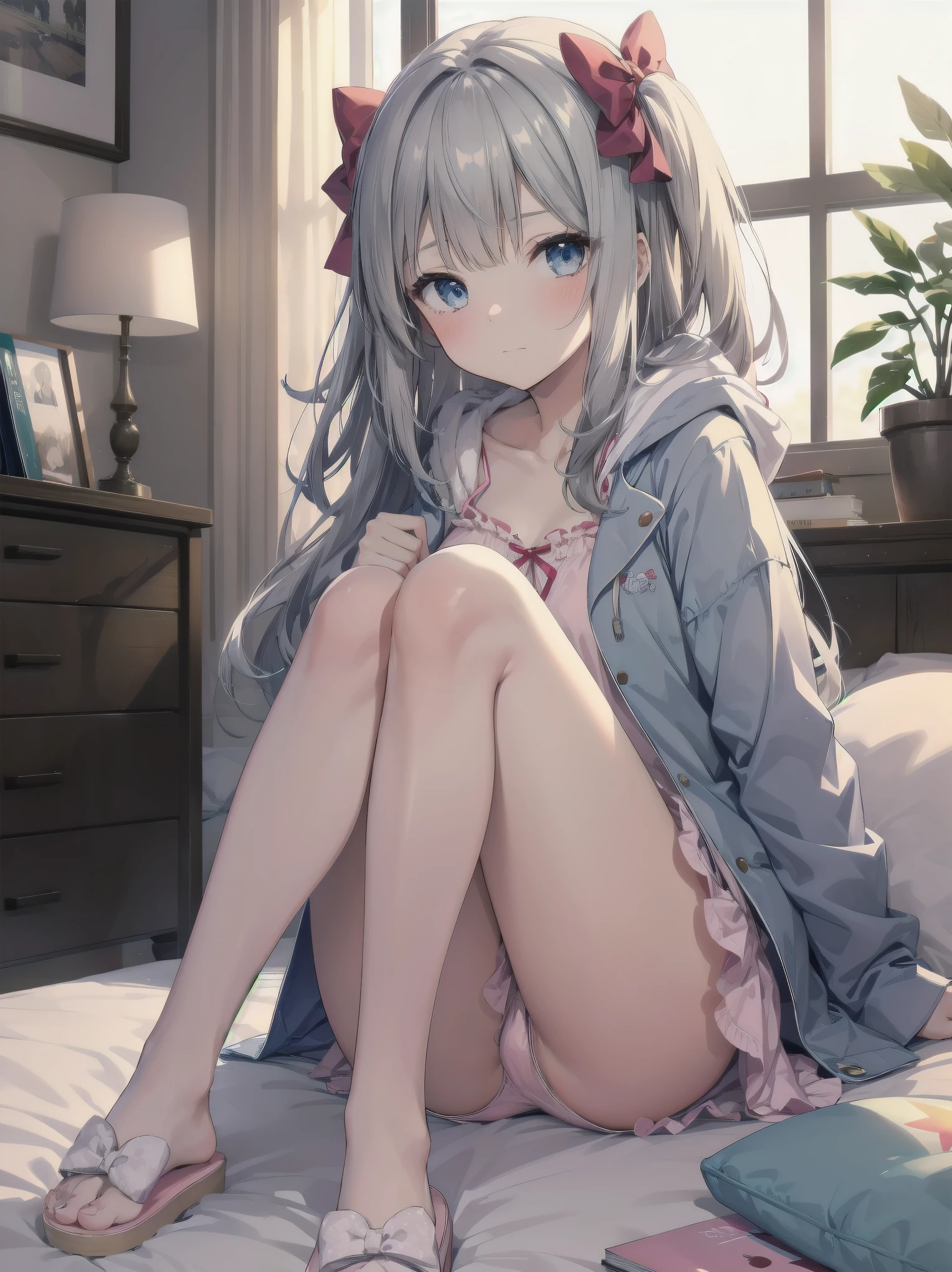 1girl, solo, long hair, looking at viewer, blush, bangs, blue eyes, long sleeves, bow, sitting, closed mouth, collarbone, jacket, hair bow, grey hair, thighs, frills, open clothes, indoors, hood, legs, book, bare legs, window, bed, on bed, stuffed toy, pink bow, blue jacket, pajamas, slippers, bedroom, izumi sagiri