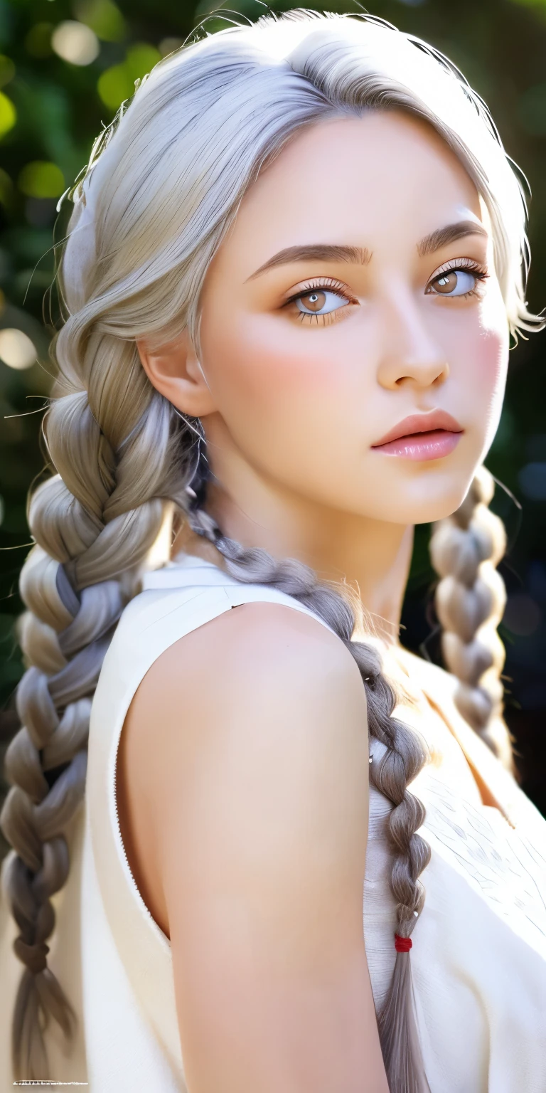 highest quality, masterpiece,gray hair, gold eyes,white clothes, look up, Upper body,hair bundle,Fair skin,side braids