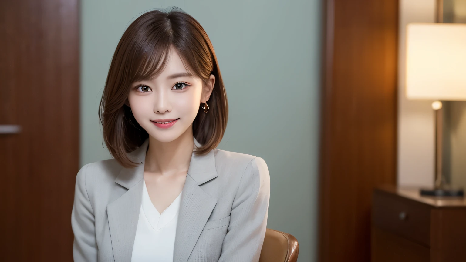 (Very detailed CG Unity 8k wallpaper, highest quality, Very detailed, Looking at the camera:1.2, The light shines on your face:1.5, Gray background, Professional Lighting), Japan female, 26 years old, Upper body composition with brightly lit face. She has an oval face, Soft arched eyebrows, bright expressive eyes,, pronounced nose, And a friendly smile. Her hair is shoulder-length, straight, Dyed a light chestnut color. She is wearing a smart casual blouse, Probably soft colors, Paired with a chic blazer, Embody her lively and sociable personality