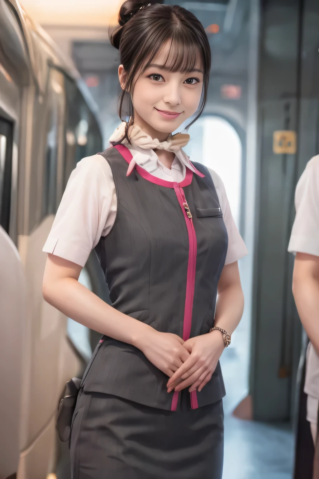 (masterpiece:1.2, highest quality:1.2), 32K HDR, High resolution, (alone、1 girl)、（At the station platform、Professional Lighting）、Station Background、（Realistic style of JR Gran Class crew wearing uniform）、Short sleeve blouse、a scarf around the neck、（JR Gran Class flight attendant uniform with pink parts on the skirt sleeves）、（JR Gran Class flight attendant uniform with pink stripes on the vest）、Dark brown hair、（Hair tied up、Hair Bun、Hair Bun）、Dark brown hair、Long Shot、Big Breasts、（（Great hands：2.0）），（（Harmonious body proportions：1.5）），（（Normal limbs：2.0）），（（Normal finger：2.0）），（（Delicate eyes：2.0）），（（Normal eyes：2.0））)、Luxury Necklace、smile、Beautiful standing posture,Place your hands around your stomach