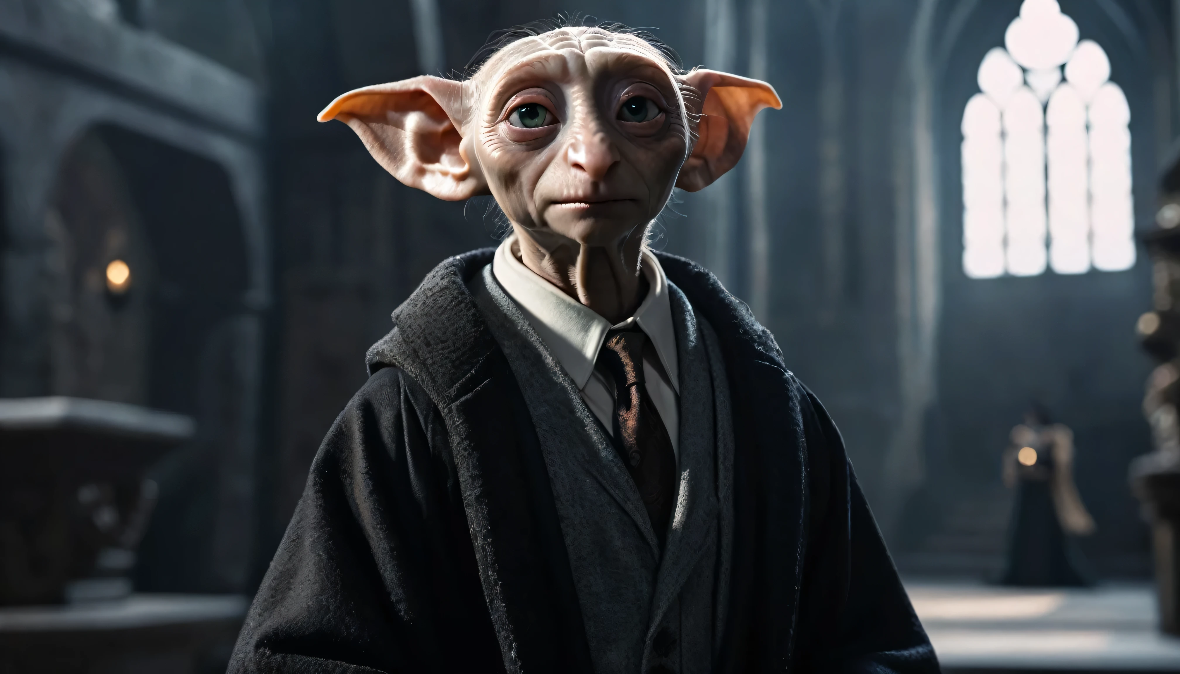 Very Handsome Dobby with a really big chiseled jawline is looking straight with a sigma look inside his magic academy, Ultra realistic, He is wearing a very fashionable Dark clothes, he is posing for a photoshoot