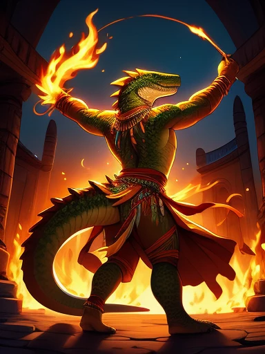 Lizardman, twirling fire sticks, dancing, tribal clothes, view from behind, bending very far forward 