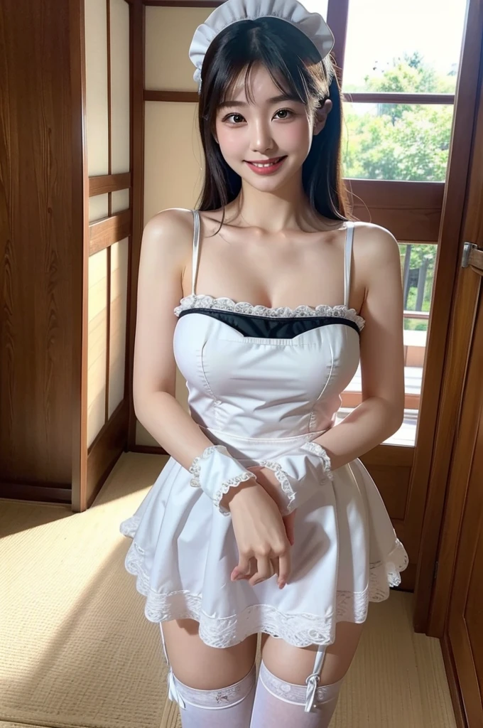 best quality, 8k, highly detailed face and skin texture, high resolution, big tits japanese girl in maid uniform with smile, full body, sharp focus