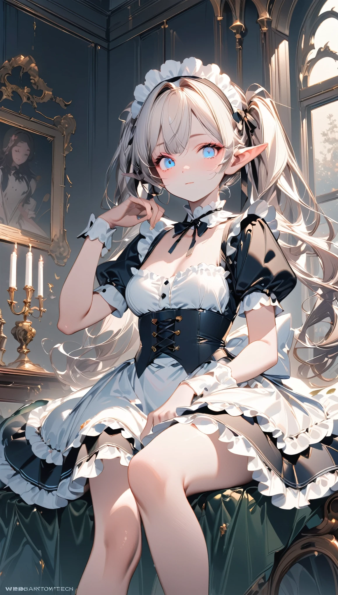 ((masterpiece )), (top quality), (best quality), ((ultra-detailed, 8k quality)), Aesthetics, volumetric lighting, (detailed line art), 
BREAK, 
highly detailed of (elf), (1girl), perfect face, details eye, double pigtails hair, Blunt bangs, (hair between eye), white hair, blue eyes, eyelashes, eyeshadow, pink eyeshadow, light smile, design art by Artgerm, by Kawacy, By Yoshitaka Amano,
BREAK,
portrait, frensh maid in a frensh maid outfit, victorian goth maid, headdress, indoors, ((antique victorian mansion)), dusty, dimly lit, candleholders, covered in cobwebs, cowboy shot, dynamic angle, side table, dangling her feet, sleepy eyes, tired expression, utmost boredom, looking at viewer, rests her chin on her hand, (graphic background, (plain background)), correct anatomy, amano yoshitaka, webbedtech, fuzzy organic webs, eroguronansensu, horror, Goat, gothic artstyle,
BREAK, 
((perfect anatomy)), nice body, medium breast, extremely detailed finger, best hands, perfect face, beautiful face, beautiful eyes, perfect eyes, perfect fingers,