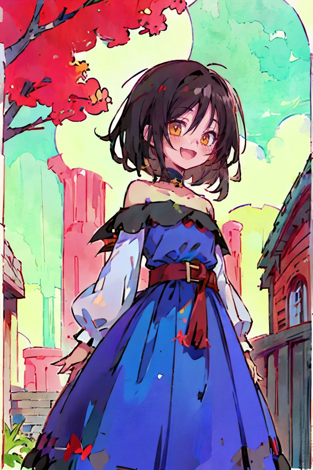 Hui Xiyi, Rekkyo Sensen, fantasy world, ruins, fort, beautiful sky, shining sky, sunshine, camisoles, belts, blue clothes, cross choker, wind blowing dress, lace dress, off-shoulder sleeves