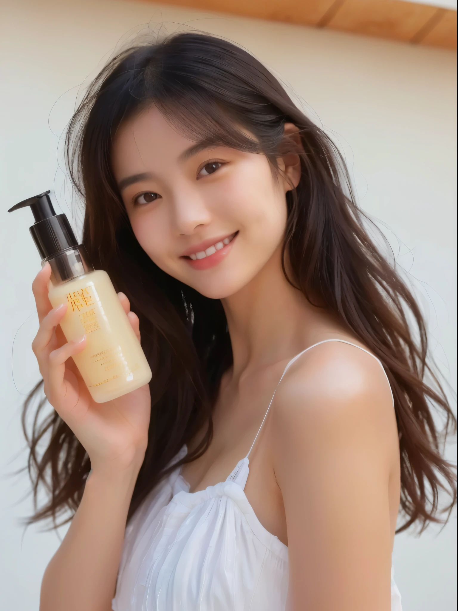 A smiling girl holding a shampoo bottle, Take photos for skincare brands, Cleansing face and body skin, Enter smoothly _ Background, leaked images, Smooth texture, official product photo, In the background, Smooth body features, Product photography, Portrait shoot, Official product images, Smooth and radiant skin, in Background, Medium shot portrait, hair, product photo，Skin texture，Real photography，Asian Skin，White skin，hair丝滑