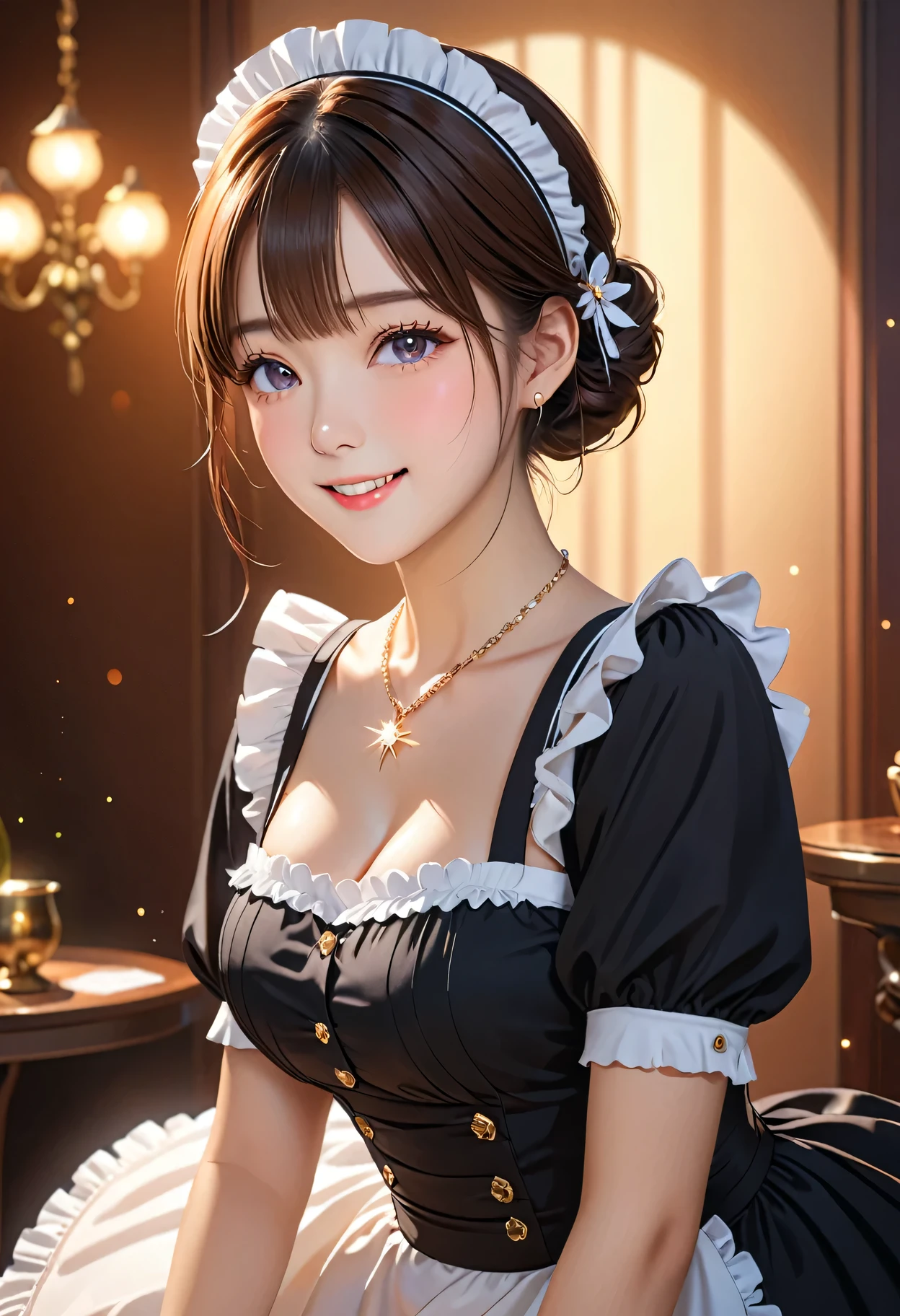 good quality, masterpiece, High Resolutiexist, 1 Girl, blush, (Charming smile: 0.8), Starry Eyes, Maid Outfit, Hair accessories, necklace, Jewelry, beauty, exist_Body, Tyndall effect, realism, Shadow Room, Light Edge, Two-texiste Lighting, (High Detail Skin: 1.2), 8K Ultra HD, SLR, Soft Light, high quality, Volumetric Lighting, photo, High Resolutiexist, 4k, 8K, Background blur, Light tulle,