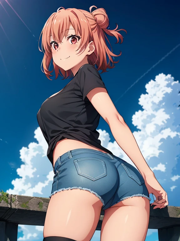 ((masutepiece, Best Quality, hight resolution, nffsw, Perfect Pixel, depth of fields, 4K, )), 1girl in, Solo, , Beautiful anime girl, Beautiful Art Style, 
very low view angle:1.3, view from below:1.5, sky from below:1.5, gallery background, standing:1.5,
Perfect body, smile face:1.5, medium cleavage:1.5, Looking back:1.5, show ass:1.5,
Yuigahama Yui, Hair bun, short hair, large breasts, short blue jeans:1.5, black tshirt:1.5, 

Full face blush, black knee socks:1.5, red converse:1.5, red face, 
straight on:1.3, medium shot