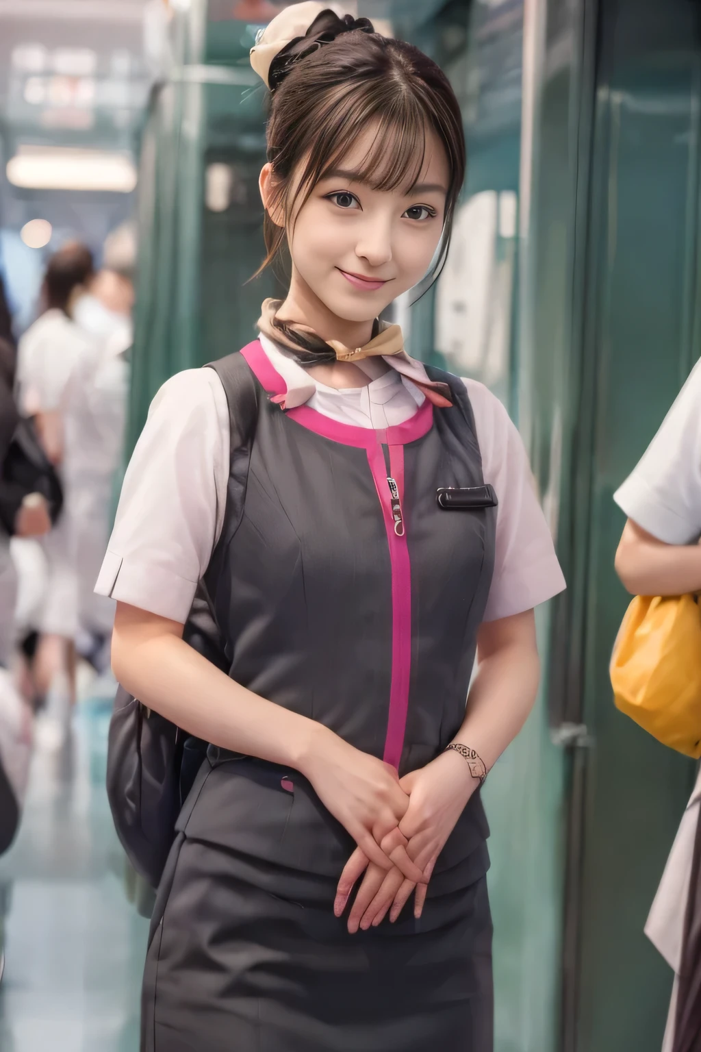 (masterpiece:1.2, highest quality:1.2), 32K HDR, High resolution, (alone、1 girl)、(On board the Shinkansen、Professional Lighting)、Background in the car、(Realistic style wearing JR GranClass attendant uniform)、Blouse with short sleeves、Scarf around the neck、(JR GranClass attendant uniform with pink parts on the sleeves of the skirt)、(JR GranClass attendant uniform with pink line on front zipper of vest)、Dark brown hair、(Hair tied up、Bun Hair、Chignon)、Dark brown hair、Long Shot、Big Breasts、((Fine hand:2.0)),((Harmonious body proportions:1.5)),((Normal limbs:2.0)),((Normal finger:2.0)),((Delicate eyes:2.0)),((Normal eyes:2.0)))、Luxury Necklace、smile、Beautiful standing posture,Place your hands around your stomach