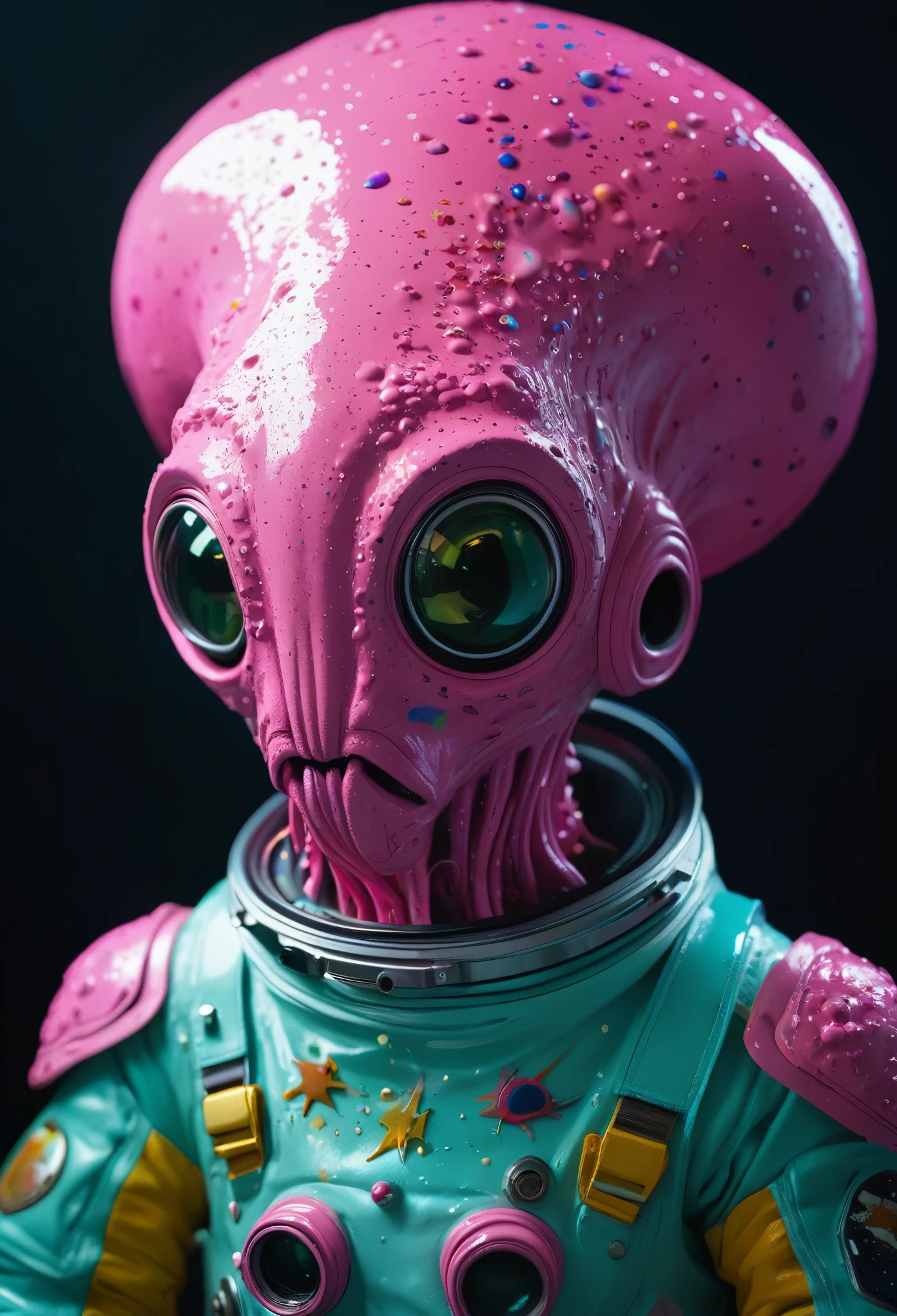 8K, ARTISTIC photogrAphy, best quAlity, mAsterpiece: 1.2), A (potrAit:1.2) Don Bluth Style  ASTRONAUT Cthulhu pink Toon Doll, full body RAW candid cinema, cyan hair, 16mm, color graded portra 400 film, remarkable color, ultra realistic, sad admosphere, dark lighting, oppressive atmosphere, depressive colors, kodak portra 400, photograph,r, Natural Light,  Pinhead lighgts, blur reflection, Brush Strokes, Smooth, abstract, Splatter, Oil On Canvas, rainbow colors, fractal isometrics details bioluminescens : a stunning realistic photograph of wet bone structure, 3d render, octane render, intricately detailed, titanium decorative headdress, cinematic, trending on artstation | Isometric | Centered