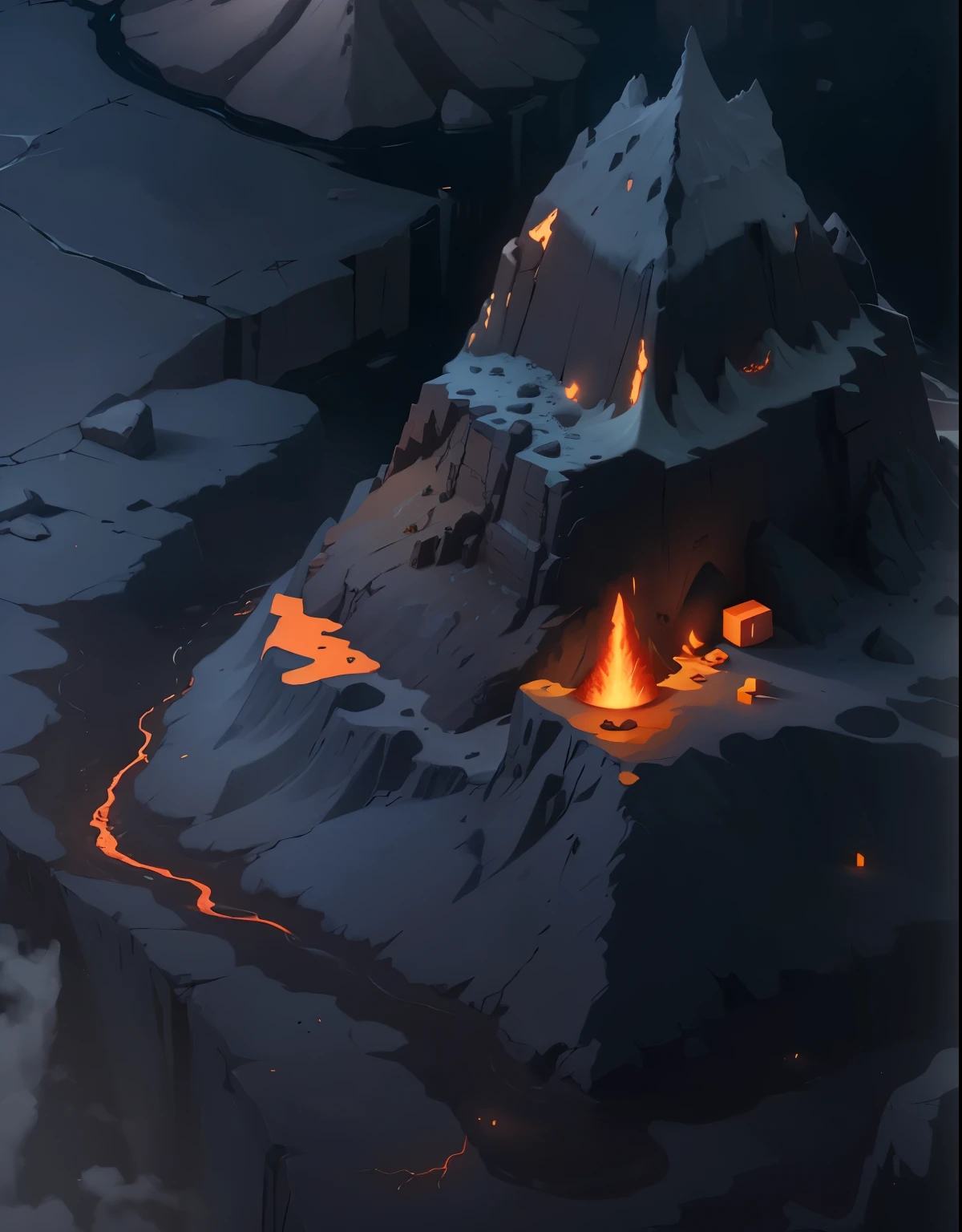 Volcano scene，There is a long lava stream in the middle.，Vertical Image，Cartoon，Isometric 2D Game Art， masterpiece， Super detailed good quality