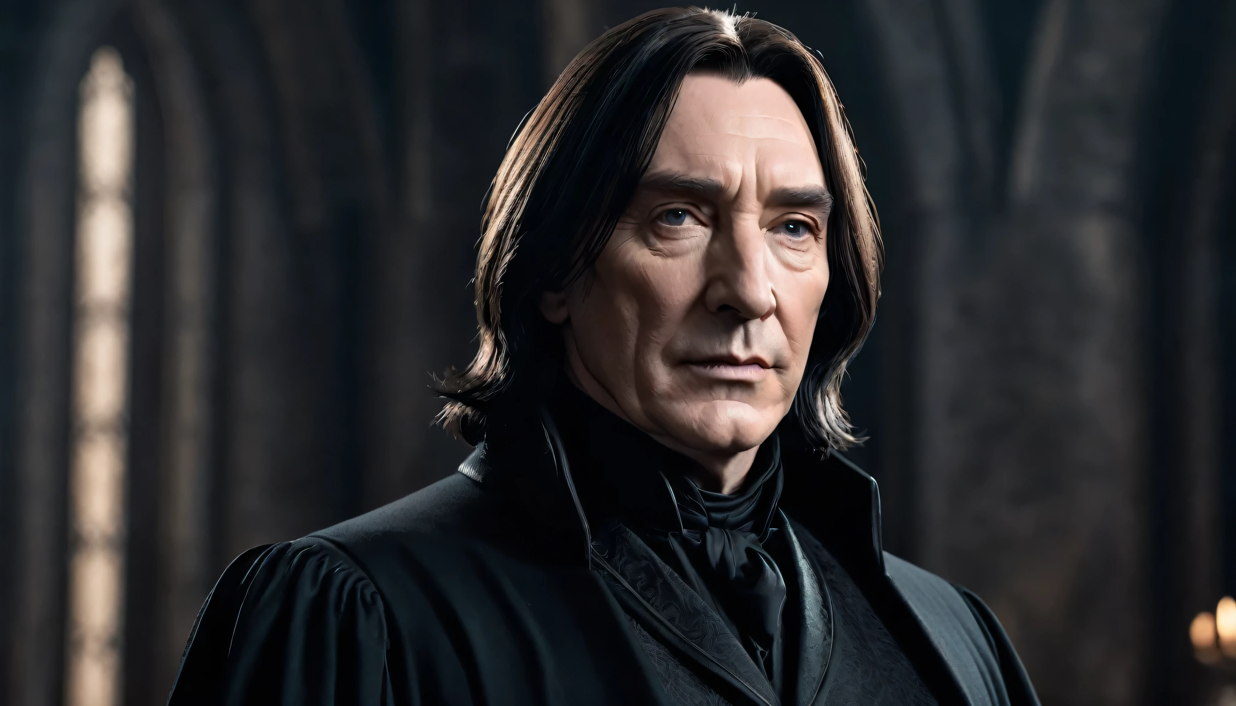 Very Handsome Professor Severus Snape with a really big chiseled jawline is looking straight with a sigma look inside his magic academy, Ultra realistic, He is wearing a very fashionable Dark clothes, he is posing for a photoshoot