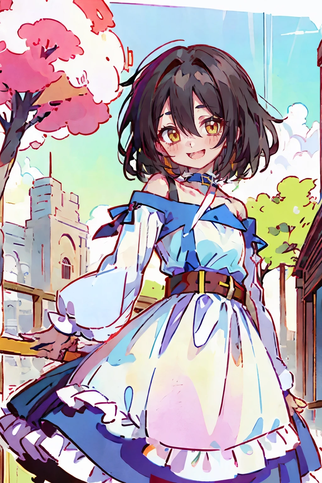 Hui Xiyi, Rekkyo Sensen, fantasy world, ruins, fort, beautiful sky, shining sky, sunshine, camisoles, belts, blue clothes, cross choker, wind blowing dress, lace dress, off-shoulder sleeves