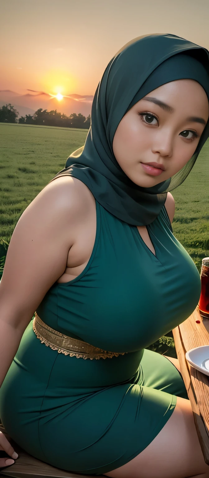 ( Close Up),RAW, Best quality, high resolution, works: 1.3), Beautiful chinese-Indonesian woman in hijab, Masterpiece, fit body, big breasts, beautiful big eyes, Soft smile, beautiful face, woman sitting at a table in a green meadow, traditional beauty, moment sunset, in the field, in the countryside, beautiful woman, with the sunset, wearing a soft long dress,muslim, on a wooden table, hijab, beautiful woman, with a beautiful appearance, a very beautiful masterpiece, a masterpiece of art, good lighting, Bright colors, Clean lines, chubby body, wide chubby hips, chubby arm, chubby massive thighs , massive cleavage , massive armpits , white armpits , armpit hair , extra cleavage, full body 