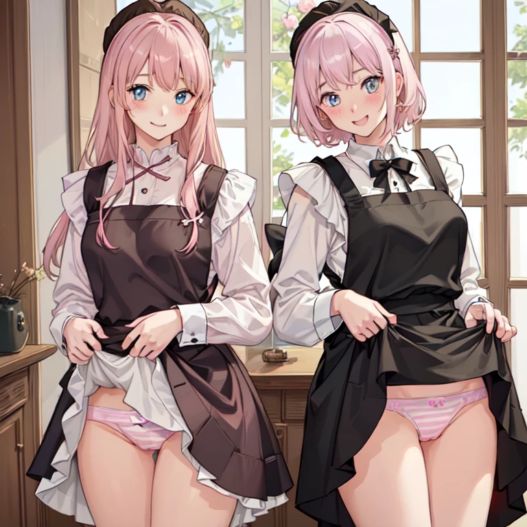 highest quality、masterpiece、((2 girls:1.5))、((smile:1.3))、(blush:1.3)、Black Shirt、blouse、((fun!!))、(Small breasts)、()、Blonde、(Long sleeve)、((White apron:1.5))、((Maid))、((hair ornaments)),、Kamimei、look at me、 ((in house:1.5))、 Taking a break from watching the audience、Cowboy Shot、(Skirt lift:1.3),(Highly detailed pink striped panties:1.3)、(Highly detailed panties:1.3)、、(スカート that rolls up:1.3)、(Panties fully exposed:1.5)、Light blue eyes、long hair、Glowing Eyes
