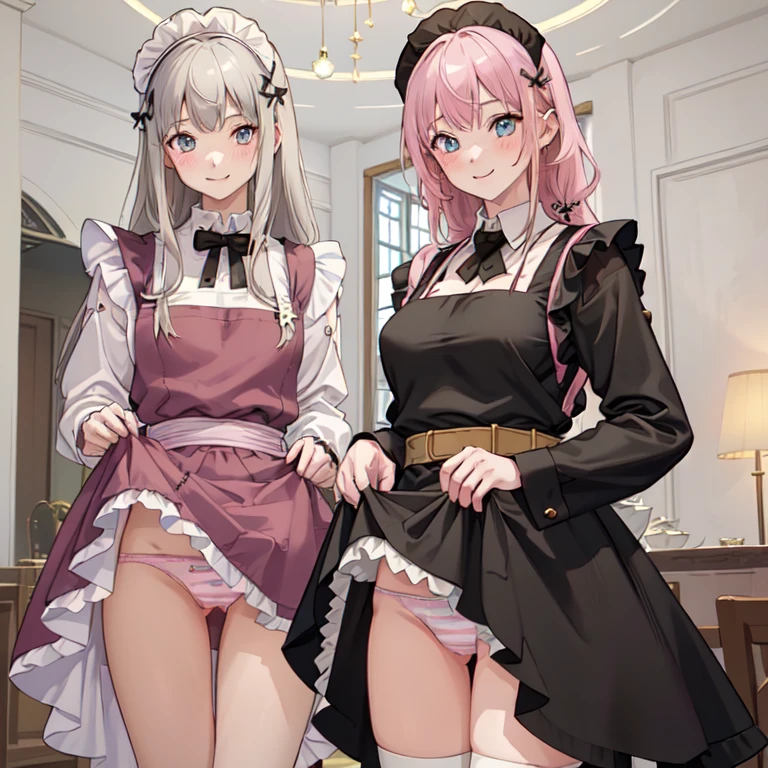 highest quality、masterpiece、((2 girls:1.5))、((smile:1.3))、(blush:1.3)、Black Shirt、blouse、((fun!!))、(Small breasts)、()、Blonde、(Long sleeve)、((White apron:1.5))、((Maid))、((hair ornaments)),、Kamimei、look at me、 ((in house:1.5))、 Taking a break from watching the audience、Cowboy Shot、(Skirt lift:1.3),(Highly detailed pink striped panties:1.3)、(Highly detailed panties:1.3)、、(スカート that rolls up:1.3)、(Panties fully exposed:1.5)、Light blue eyes、long hair、Glowing Eyes
