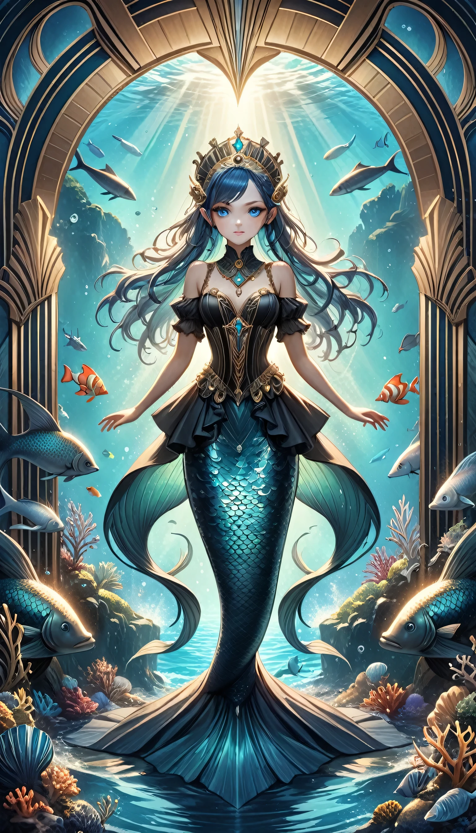 high details, best quality, 16k, ultra detailed, masterpiece, best quality, ((art deco style: 1.5)), full body, ultra wide shot, RAW, photorealistic, fantasy art, dnd art, rpg art, realistic art, an ultra wide picture of a mermaid princess in steampunk times, under the sea (intricate details, Masterpiece, best quality: 1.4) , female mermaid, (blue: 1.3) skin, (green: 1,3) hair, long hair, swirling hair, intense eyes, small pointed ears, ((blue eyes)), ((glowing eyes)), wearing (black:1.3) ((maid outfit)), she wears a crown  studded with gems(intricate details, Masterpiece, best quality: 1.4),  beautiful mermaid, you can see rich underwater life, fish, riff, dynamic fantasy blue beach background ((magical atmosphere)), high details, best quality, highres, ultra wide angle, ggmine, Dark Novel