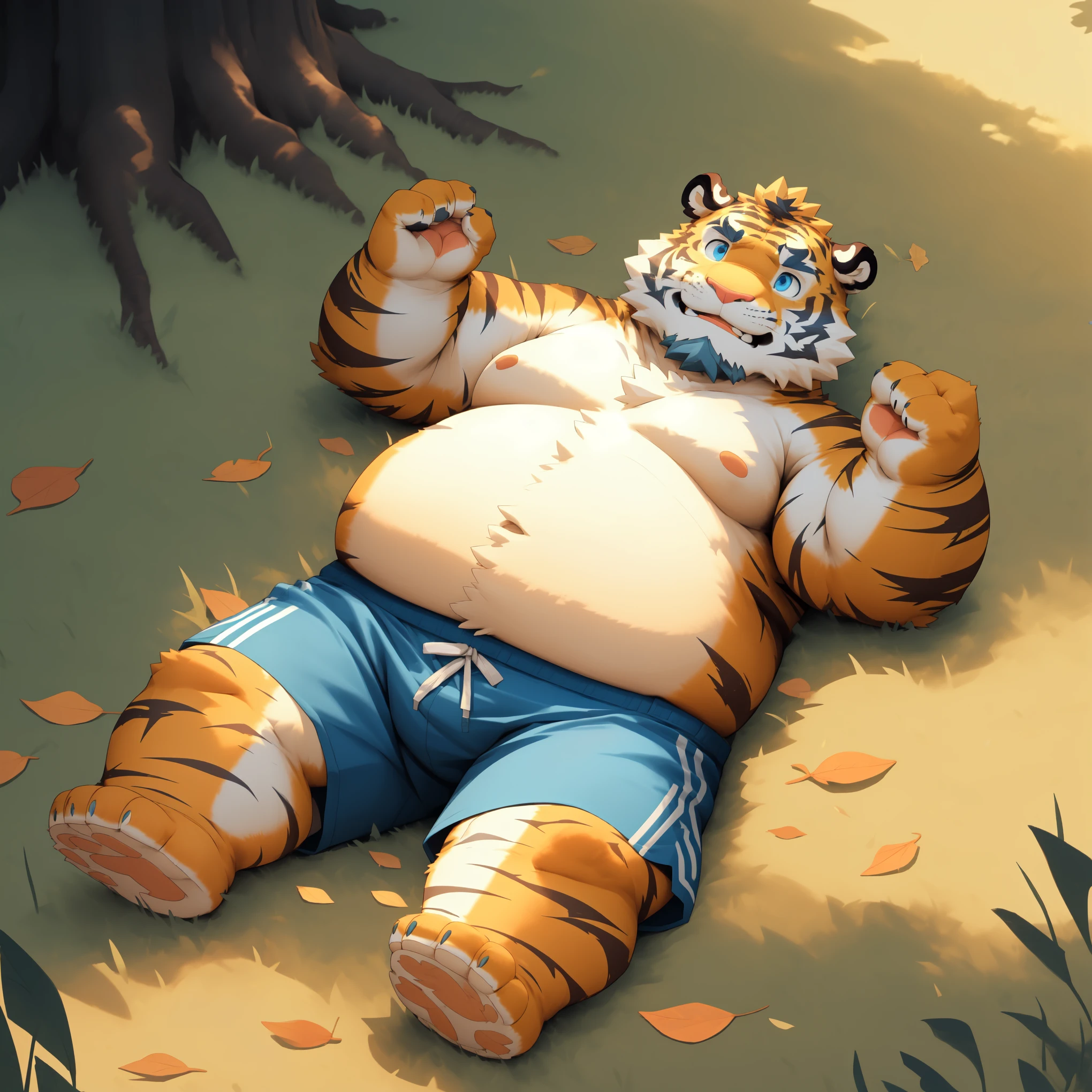 New Jersey 5 Furry,Tiger,Solitary,Chubby,Fat,Thick arms,Rugged muscles,shorts,orange Plush fur,Chubby Face,Black eyebrows,Sky blue eyes,Beard, （topless,short）,（on back），grassland，tree shade，Fallen Leaves，Sunlight，shadow