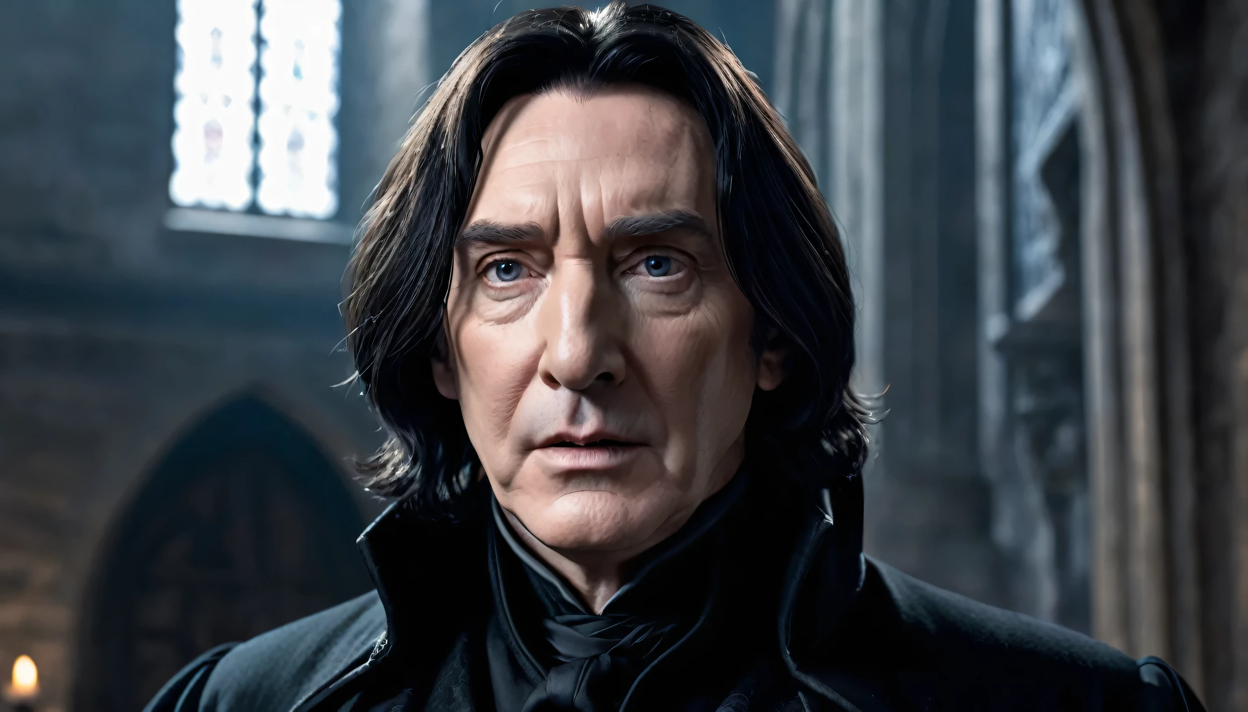 Very Handsome Professor Severus Snape with a really big chiseled jawline is looking straight with a shocked look on his face look inside his magic academy, Ultra realistic, He is wearing a very fashionable Dark clothes, he is posing for a photoshoot,