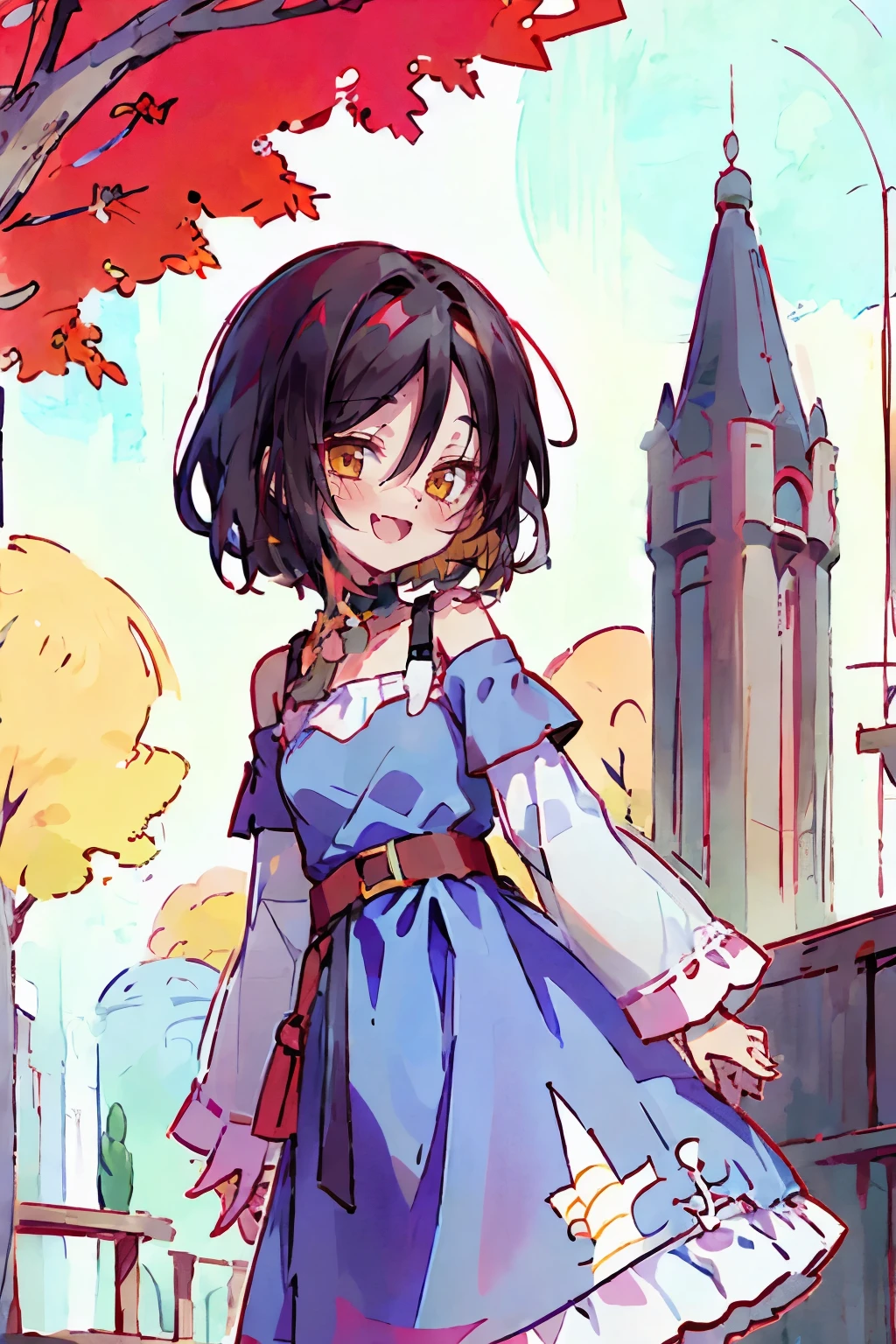 Hui Xiyi, Rekkyo Sensen, fantasy world, ruins, fort, beautiful sky, shining sky, sunshine, camisoles, belts, blue clothes, cross choker, wind blowing dress, lace dress, off-shoulder sleeves