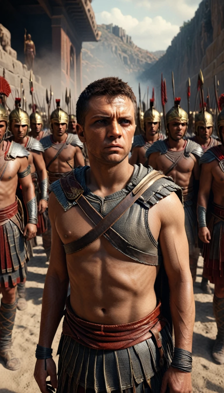 Create a detailed image of the annual Spartan event, featuring a massive arena where the best Spartan warriors and the bravest Helot slaves prepare to battle to the death, digital UHD (64k) image, cinematic film still dramatic side lighting, dramatic intense stare closeup portrait,  hdr,  shallow depth of field, vignette, highly detailed, high budget Hollywood film, cinemascope, moody, epic, gorgeous
, Highly detailed and clean, Photorealistic and cinematic masterpiece, professional photography, realistic, realism, 200k , Raytracing and light effect, digital, perfect composition, beautiful detailed intricate insanely detailed octane render trending on artstation, 8 k artistic photography, photorealistic concept art, soft natural volumetric cinematic perfect light, the morning mist shone on their bodies, award - winning photograph, masterpiece, raphael, caravaggio, greg rutkowski, beeple, beksinski, giger