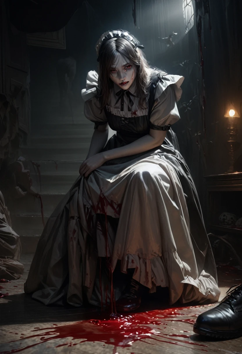Full body shown. A zombie woman in a maid outfit, extremely detailed eyes and face, beautiful detailed lips, longeyelashes, detailed zombie skin texture, maid outfit with lace and ribbons, Halloween night, horror, dark and moody atmosphere, dramatic lighting, pale skin, sunken eyes, sharp teeth, dripping blood, brain, (best quality,4k,8k,highres,masterpiece:1.2),ultra-detailed,(realistic,photorealistic,photo-realistic:1.37),dark colors,deep shadows,cinematic,dramatic. Full body shon, show her from head to toe