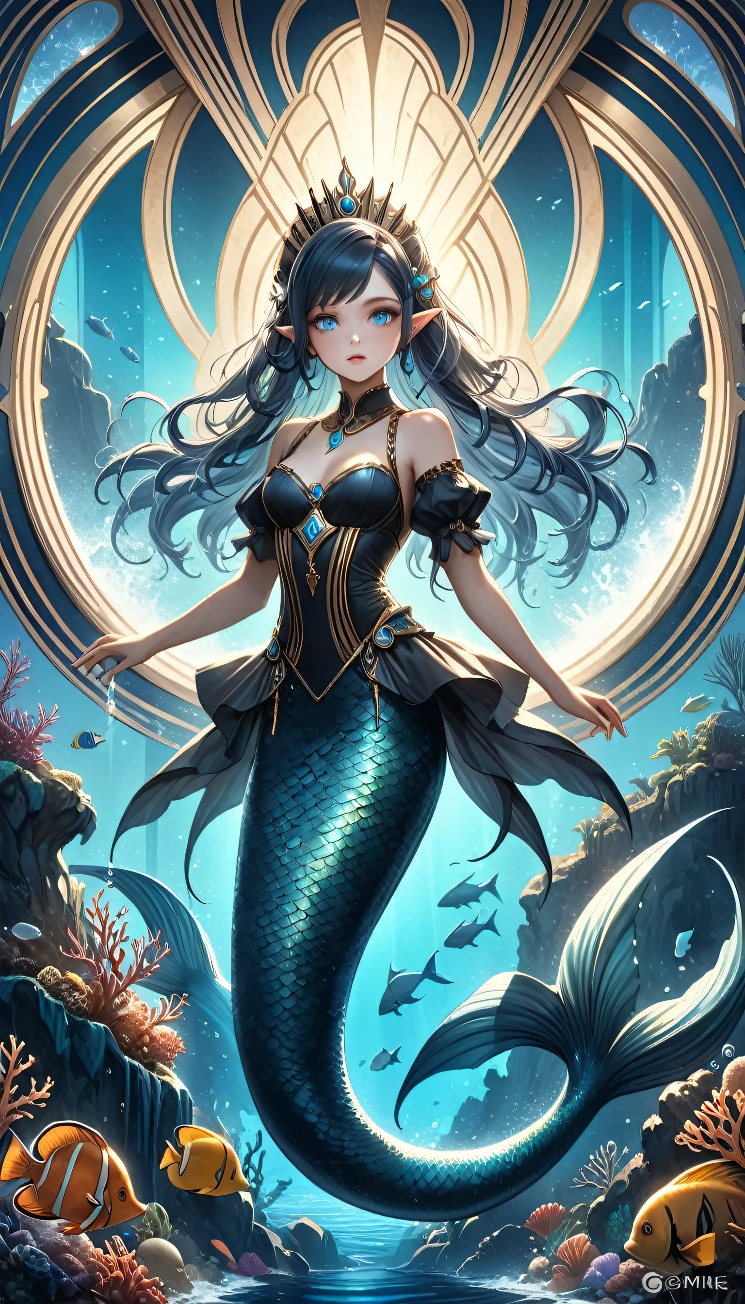 high details, best quality, 16k, ultra detailed, masterpiece, best quality, ((art deco style: 1.5)), full body, ultra wide shot, RAW, photorealistic, fantasy art, dnd art, rpg art, realistic art, an ultra wide picture of a mermaid princess in steampunk times, under the sea (intricate details, Masterpiece, best quality: 1.4) , female mermaid, (blue: 1.3) skin, (green: 1,3) hair, long hair, swirling hair, intense eyes, small pointed ears, ((blue eyes)), ((glowing eyes)), wearing (black:1.3) ((maid outfit: 1ץ4)), she wears a crown  studded with gems(intricate details, Masterpiece, best quality: 1.4),  beautiful mermaid, you can see rich underwater life, fish, riff, dynamic fantasy blue beach background ((magical atmosphere)), high details, best quality, highres, ultra wide angle, ggmine, Dark Novel