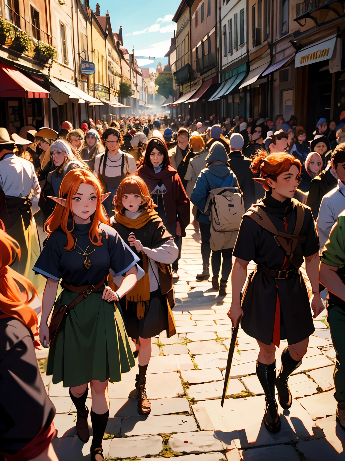 masterpiece, high quality, people, (long elf ears), (orange hair), medieval town square, crowds of elves,