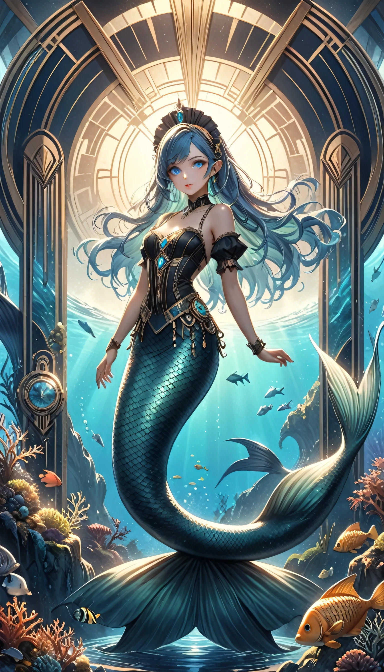 high details, best quality, 16k, ultra detailed, masterpiece, best quality, ((art deco style: 1.5)), full body, ultra wide shot, RAW, photorealistic, fantasy art, dnd art, rpg art, realistic art, an ultra wide picture of a mermaid princess in steampunk times, under the sea (intricate details, Masterpiece, best quality: 1.4) , female mermaid, (blue: 1.3) skin, (green: 1,3) hair, long hair, swirling hair, intense eyes, small pointed ears, ((blue eyes)), ((glowing eyes)), wearing (black:1.3) ((maid outfit: 1ץ4)), she wears a crown studded with gems(intricate details, Masterpiece, best quality: 1.4), beautiful mermaid, you can see rich underwater life, fish, riff, dynamic fantasy blue beach background ((magical atmosphere)), high details, best quality, highres, ultra wide angle, ggmine, Dark Novel