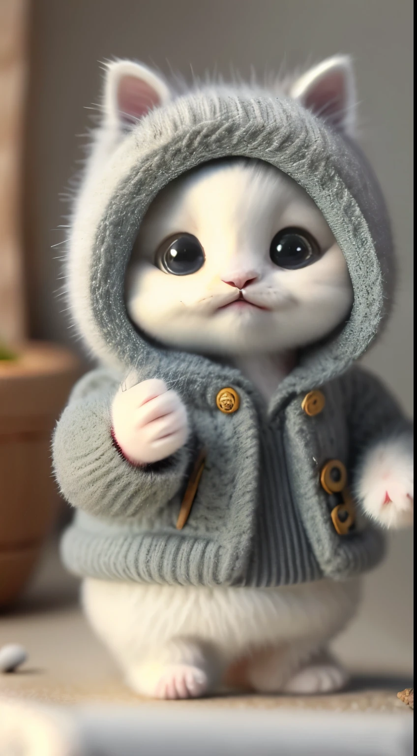 kitten in clothes, miniature kitten, Animal focus, bearded, Realistic, Gonzo hand, ambiguous background,smile,interesting、