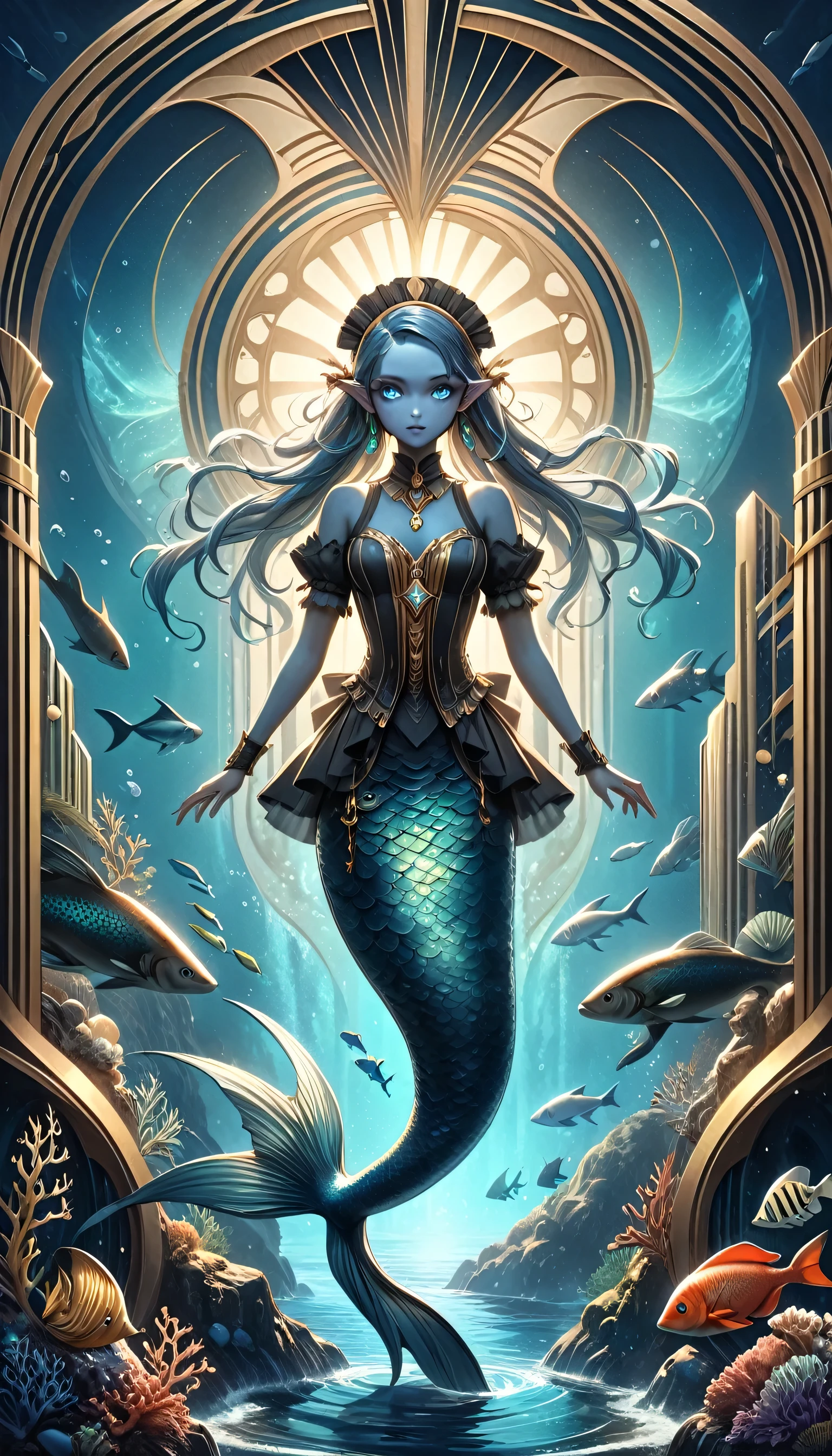 high details, best quality, 16k, ultra detailed, masterpiece, best quality, ((art deco style: 1.5)), full body, ultra wide shot, RAW, photorealistic, fantasy art, dnd art, rpg art, realistic art, an ultra wide picture of a mermaid  in steampunk times, under the sea (intricate details, Masterpiece, best quality: 1.4) , female mermaid, (blue: 1.3) skin, (green: 1,3) hair, long hair, swirling hair, intense eyes, small pointed ears, ((blue eyes)), ((glowing eyes)), wearing (black:1.3) ((maid outfit)), beautiful mermaid, you can see rich underwater life, fish, riff, dynamic fantasy blue beach background ((magical atmosphere)), high details, best quality, highres, ultra wide angle, ggmine, Dark Novel