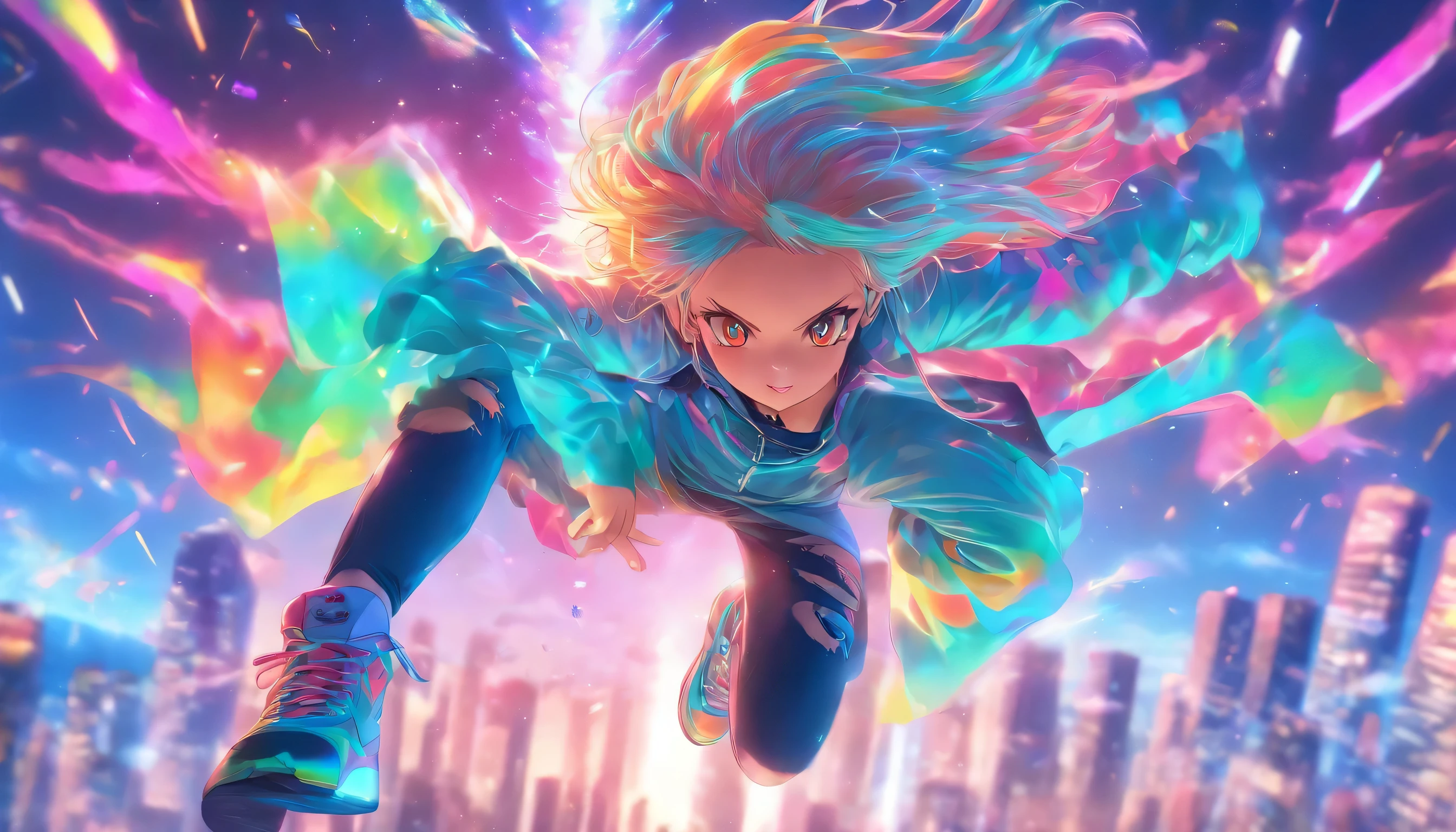 Transparent color PVC clothing, Transparent color vinyl hoodie, Prismatic, Holographic, chromatic aberration, Fashion Illustration, masterpiece, DJ Girl, View Viewer, 8k, Super detailed, Pixiv、((Colorful Hair))、Wearing headphones、((Full Body))、(((Flying in the sky)))、((Strike a Pose))、