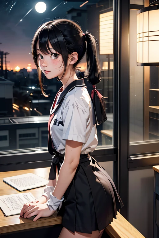 Japanese High School Girls、Black Hair、Pigtails、freckles、Private Server、Study Room、reluctant machine、reluctant machineに上半身、Note、pencil、Write、(Landscape)、Noteを見る、2D anime manga character、pop、Angle from the waist up、night、Desk light