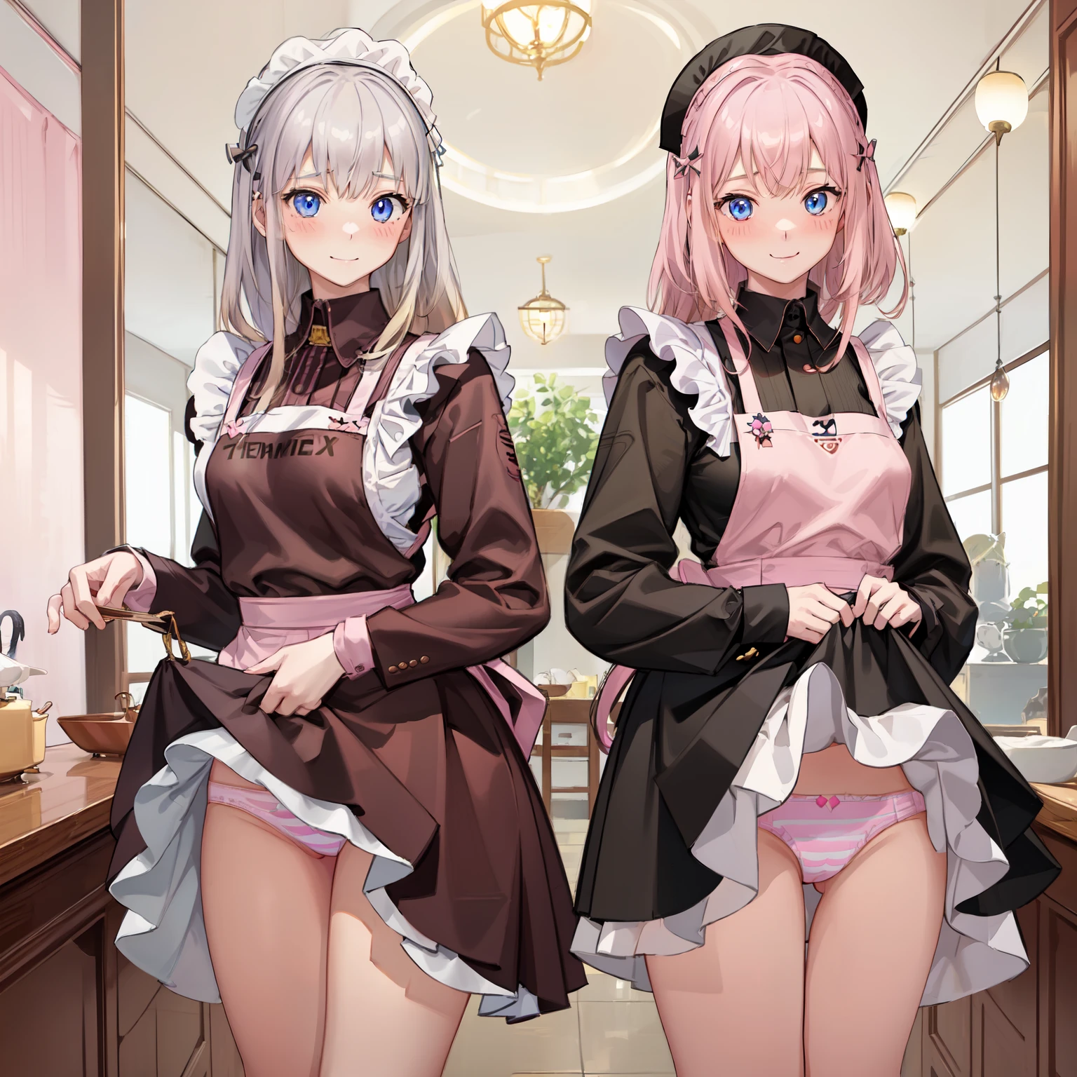highest quality、masterpiece、((2 girls:1.5))、((smile:1.3))、(blush:1.3)、Black Shirt、blouse、((fun!!))、(Small breasts)、()、Blonde、(Long sleeve)、((White apron:1.5))、((Maid))、((hair ornaments)),、Kamimei、look at me、 ((in house:1.5))、 Taking a break from watching the audience、Cowboy Shot、(Skirt lift:1.3),(Highly detailed pink striped panties:1.3)、(Highly detailed panties:1.3)、、(スカート that rolls up:1.3)、(Panties fully exposed:1.5)、Light blue eyes、long hair、Glowing Eyes