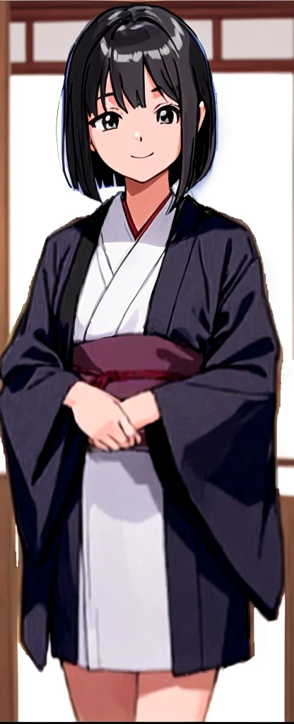 A young girl with bob hair and wearing a kimono at a ryokan is standing with her eyes slightly open, looking to the side and smiling.。