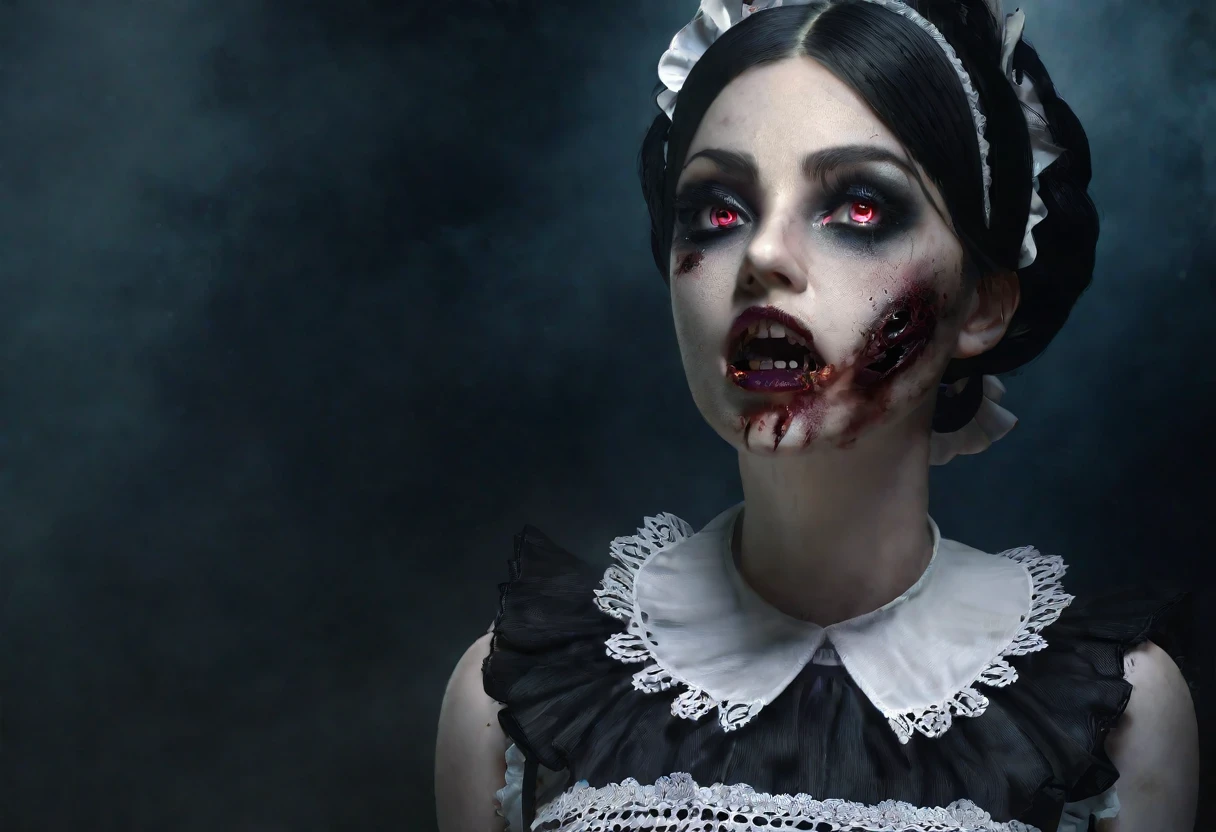 A zombie woman in a maid outfit, extremely detailed eyes and face, beautiful detailed lips, longeyelashes, detailed zombie skin texture, maid outfit with lace and ribbons, Halloween night, horror, dark and moody atmosphere, dramatic lighting, pale skin, sunken eyes, sharp teeth, dripping blood, brain, (best quality,4k,8k,highres,masterpiece:1.2),ultra-detailed,(realistic,photorealistic,photo-realistic:1.37),dark colors,deep shadows,cinematic,dramatic