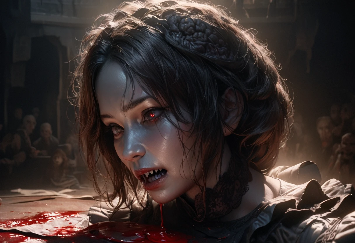 Full body shown. A zombie woman in a maid outfit, extremely detailed eyes and face, beautiful detailed lips, longeyelashes, detailed zombie skin texture, maid outfit with lace and ribbons, Halloween night, horror, dark and moody atmosphere, dramatic lighting, pale skin, sunken eyes, sharp teeth, dripping blood, brain, (best quality,4k,8k,highres,masterpiece:1.2),ultra-detailed,(realistic,photorealistic,photo-realistic:1.37),dark colors,deep shadows,cinematic,dramatic. Full body shon, show her from head to toe