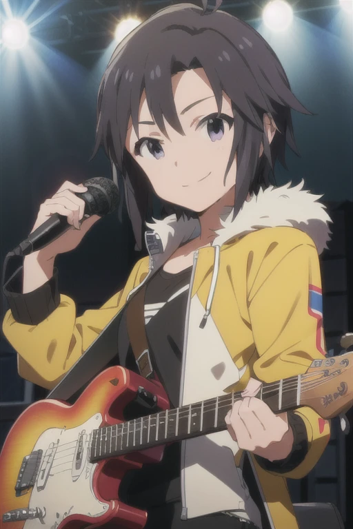 (((pixel-perfect, detail-perfect))), solo, 1girl, makoto kikuchi, jacket black, open jacket, holding electric guitar, looking at viewer, smile, live stage, sunglasses