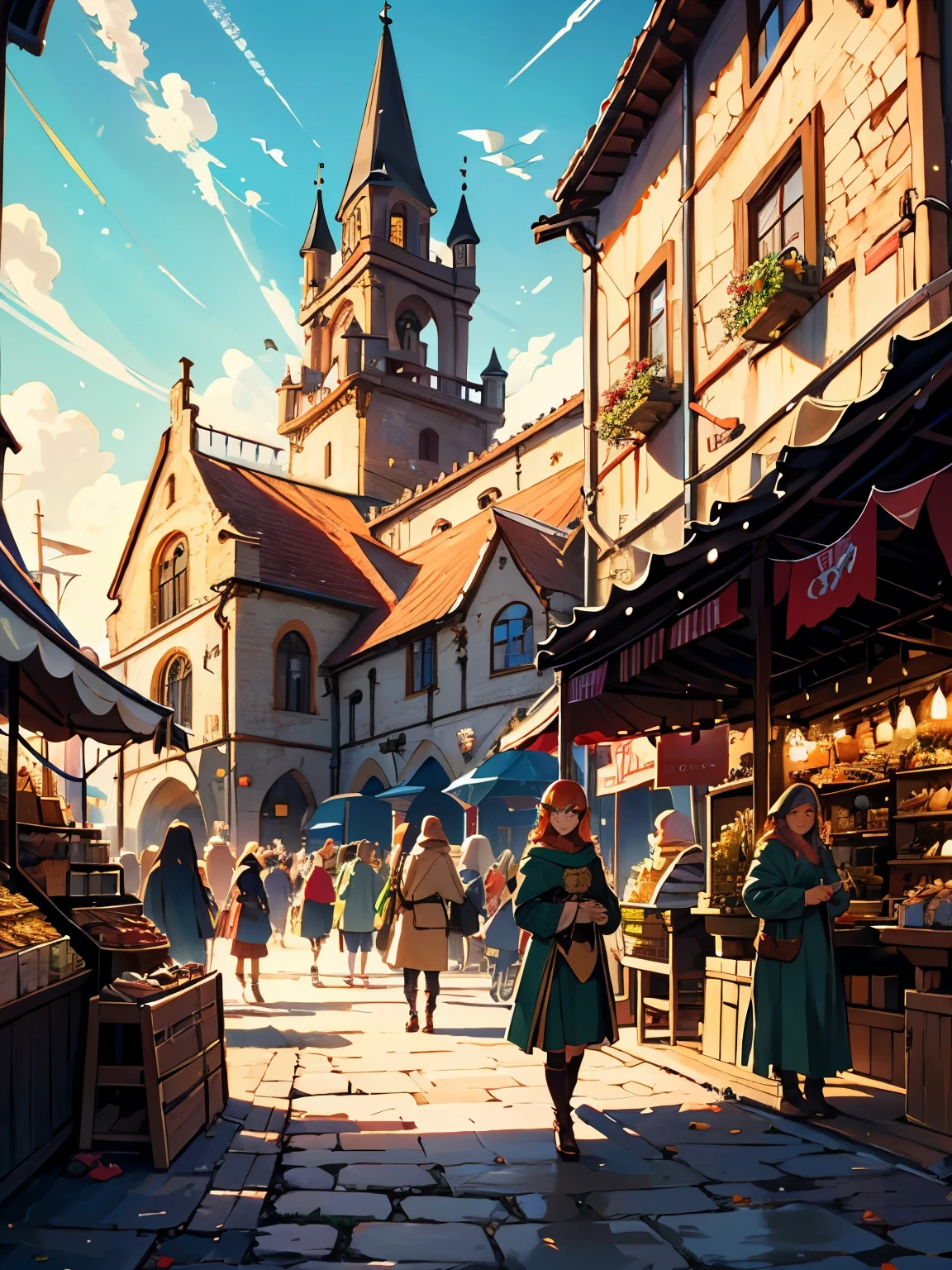 masterpiece, high quality, people, long elf ears, orange hair, medieval market place, stone statues, crowds of elves,