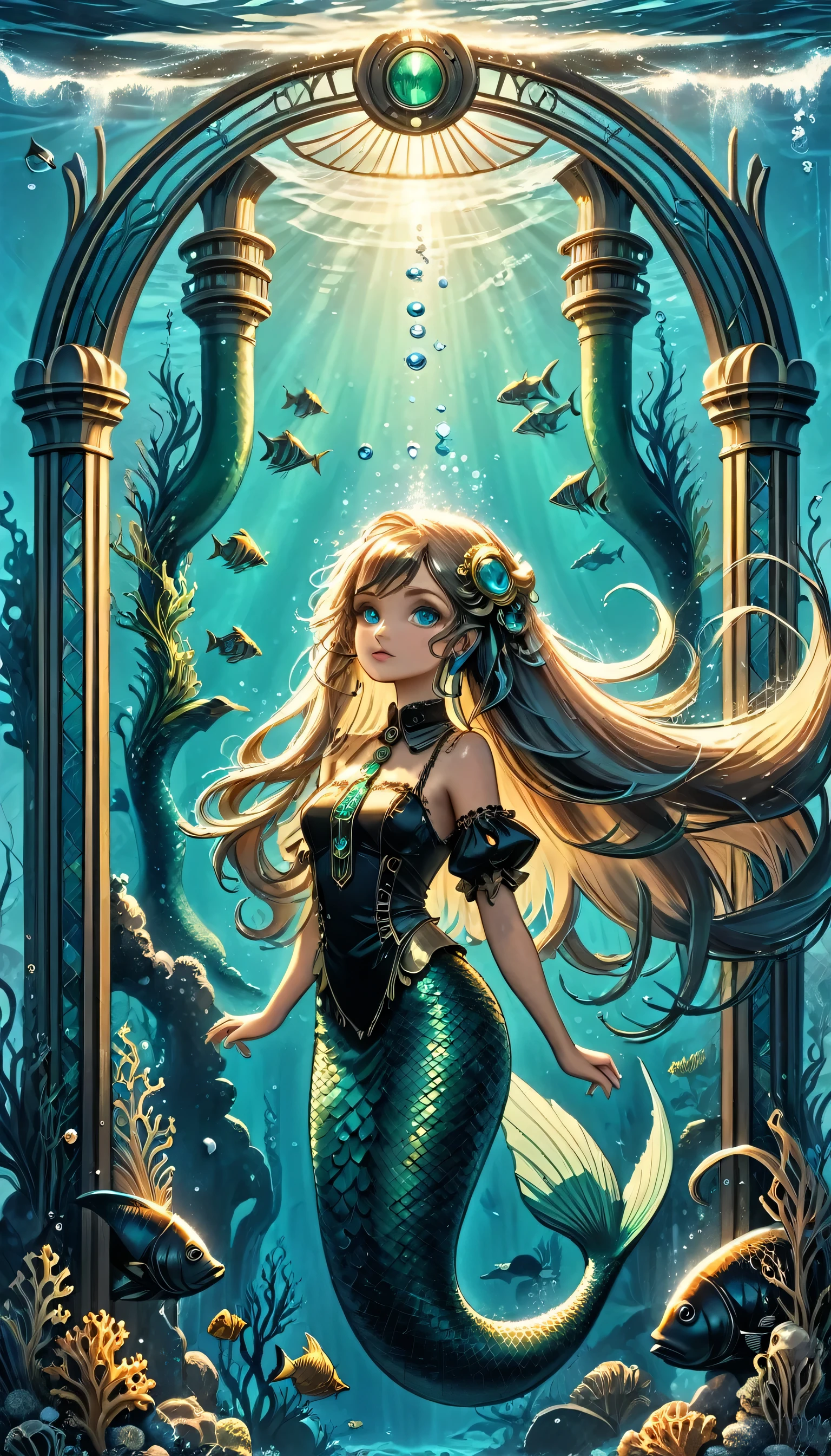 high details, best quality, 16k, ultra detailed, masterpiece, best quality, ((art deco style: 1.5)), full body, ultra wide shot, RAW, photorealistic, fantasy art, dnd art, rpg art, realistic art, an ultra wide picture of a mermaid  in steampunk times, under the sea (intricate details, Masterpiece, best quality: 1.4) , female mermaid, (blue: 1.3) skin, (green: 1,3) hair, long hair, swirling hair, intense eyes, small pointed ears, ((blue eyes)), ((glowing eyes)), wearing (black:1.3) ((maid outfit)), beautiful mermaid, you can see rich underwater life, fish, riff, dynamic fantasy blue beach background ((magical atmosphere)), high details, best quality, highres, ultra wide angle, ggmine, Dark Novel